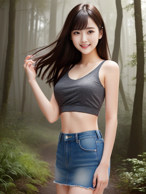(masterpiece)、(highest quality:1.5)、(16kのwallpaper:1.2)、(Photorealistic:1.2)、(Ultra-detailed:1.2)、(超A high resolution:1.2),Healthy thighs、Narrow waist、Big ass、(Beautiful legs)、(Surreal), (figure), (High resolution), (Very detailed), (best figure), (Beautiful fine details),(Sharp focus), (Professional), (Realistic), (Post-processing), (maximum detail),Roughness, (highest quality), (Very detailed), (masterpiece), (wallpaper), (Detailed face),((Perfectly detailed five-fingered hands)),Beautiful realistic face,(Anatomically correct body)、((1 female:1.4))、light makeup、Realistic Skin、Beautiful black hair、Super Beauty、(Small chest:1.4),Sharp focus:1.2,Pretty woman with perfect figure:1.4,The best smile、(from the front:1.5)、 Natural color lip、Even bangs、((29-year-old woman))、Bob Hair、Photorealistic, Ultra-realistic, Backlight, Bright light, (Improvement of quality:1.4),Hair blowing in the wind, Tank top, mini skirt, (Enhances the beauty of skin texture:1.1), ( Foggy morning forest),