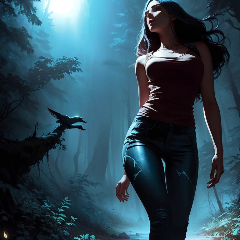 There is a woman walking through the forest at night, Background artwork, Girl walking in dark forest, Woman in the dark forest, Charlie Bowater&#39;s art style, Character art by Charlie Bowter, Charlie Bowter&#39;s Style, Neo-artcore and Charlie Bowter, Twilight ; Digital Painting, in Charlie Bowter&#39;s Style, Standing in a dark forest
