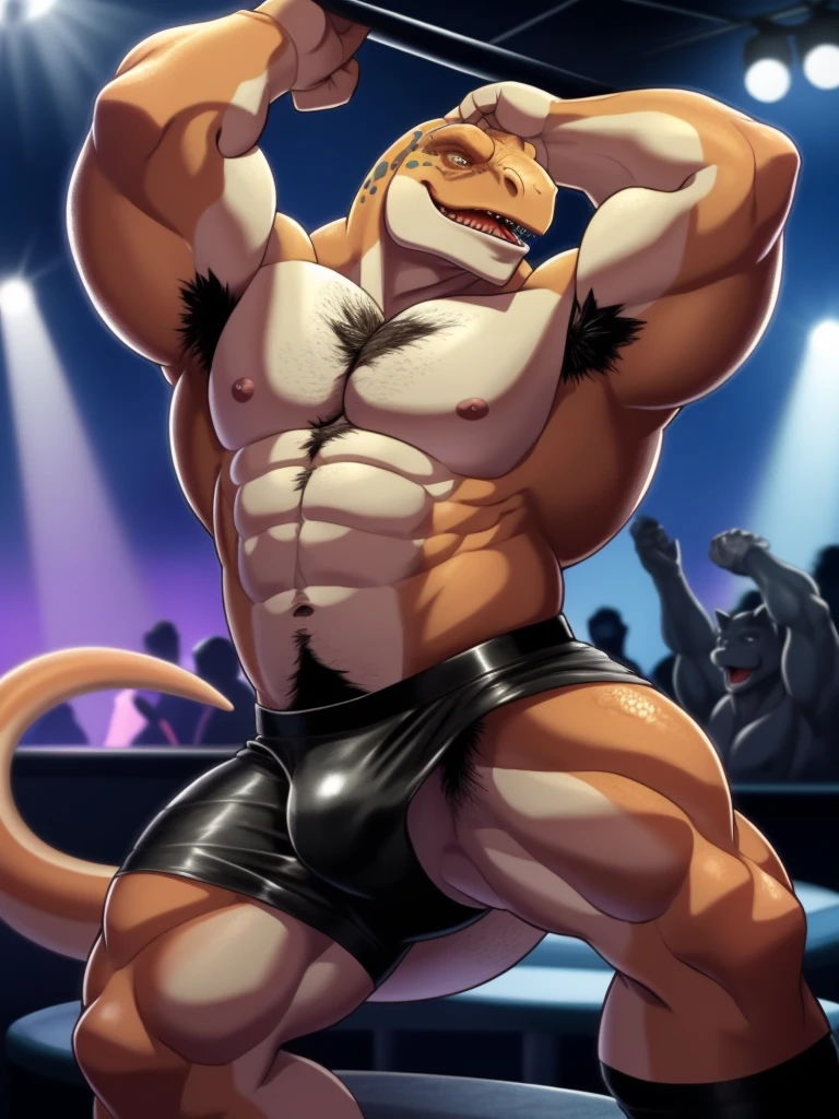 , by bontiage a muscular shirtless anthropomorphic lizard with body hair wearing sexy clothing, stripping at a strip club at night, doing a sexy dance