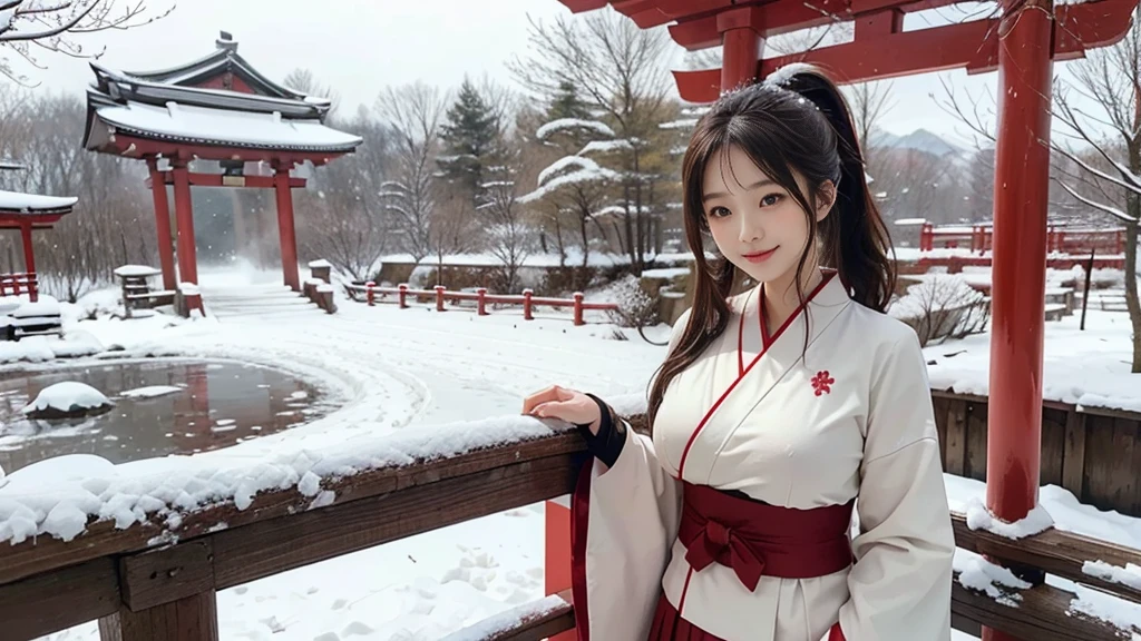 shrine、Sunny winter weather、The leaves wither and fall、Snow Scene、Snow covered plants、Japanese Clothing、Plain white kimono、The skirt part is red、Miko、Standing in front of the torii gate with the shrine behind、 Sakimi-chan,, Nice and cute, An innocent smile, , nice smile、 Big Breasts、,(A big bust that seems to burst:1.20),(beautiful Big Breasts 1:1)、Brown Hair、Brown Hairの髪、Beautiful Eyes、ponytail
