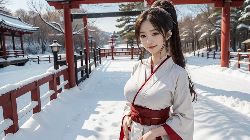 shrine、Sunny winter weather、The leaves wither and fall、Snow Scene、Snow covered plants、Japanese Clothing、Plain white kimono、The skirt part is red、Miko、Standing in front of the torii gate with the shrine behind、 Sakimi-chan,, Nice and cute, An innocent smile, , nice smile、 Big Breasts、,(A big bust that seems to burst:1.20),(beautiful Big Breasts 1:1)、Brown Hair、Brown Hairの髪、Beautiful Eyes、ponytail
