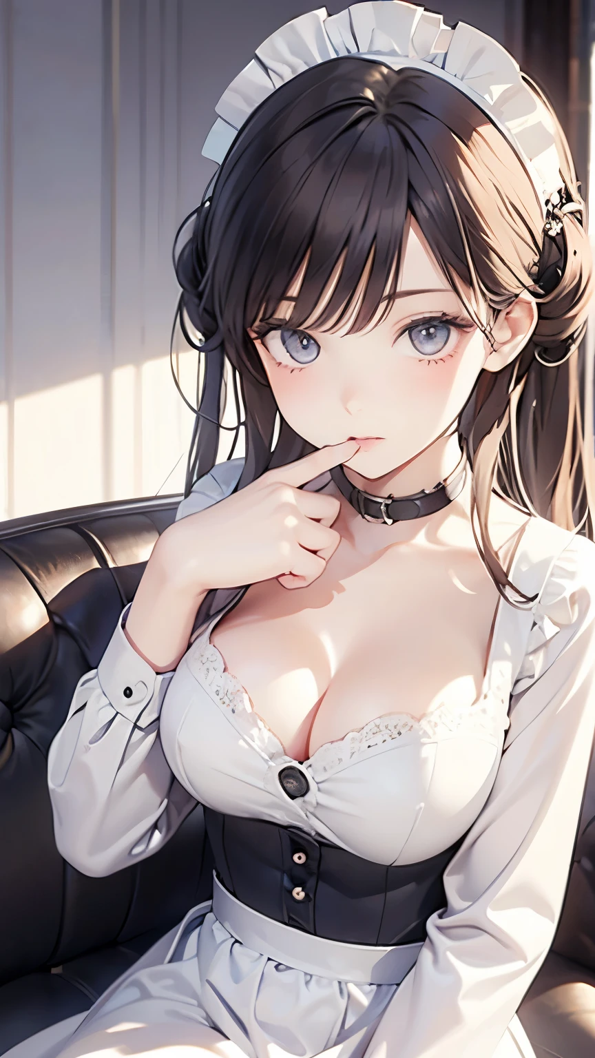 (White long sleeve shirt), (Open chest), (masterpiece),((Very detailed)), (Highly detailed CG illustrations), (highest quality), (One girl), High-quality texture, Intricate details, Detailed Texture, High Quality Shadows, Realistic facial expression, Beautiful and delicate face down to the last detail, Beautiful and delicate eyes, perfectly balanced face, Depth of written boundary, perspective, Narrow Face, (Big eyes:1.2), Perfect body, (Shiny skin), Focus Only, (brown hair), Light source contrast, Maid clothes, British style maid, doughnut hair bun, Antique furniture, sitting on a leather sofa