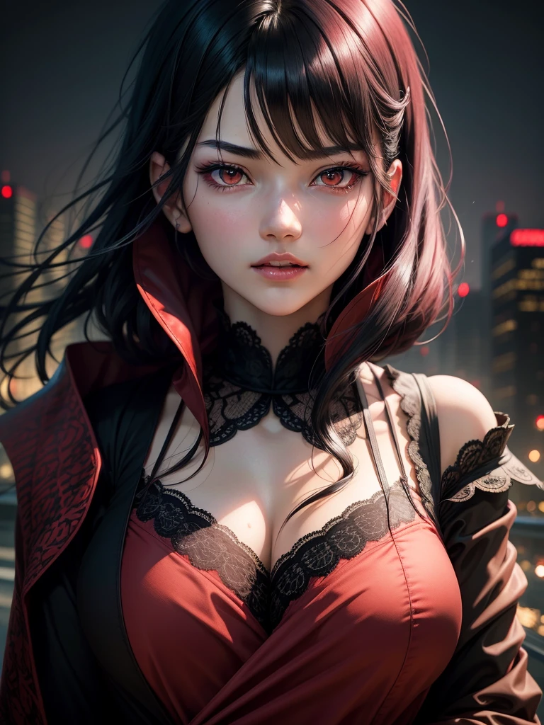 touka kirishima,beautiful detailed eyes,beautiful detailed lips,extremely detailed eyes and face,red and black hair,tokyo ghoul,anime style,dark and mysterious atmosphere, intense gaze[tokyo ghoul],outdoor setting,cityscape background,nighttime scene,vivid colors,sharp focus,highres,physically-based rendering