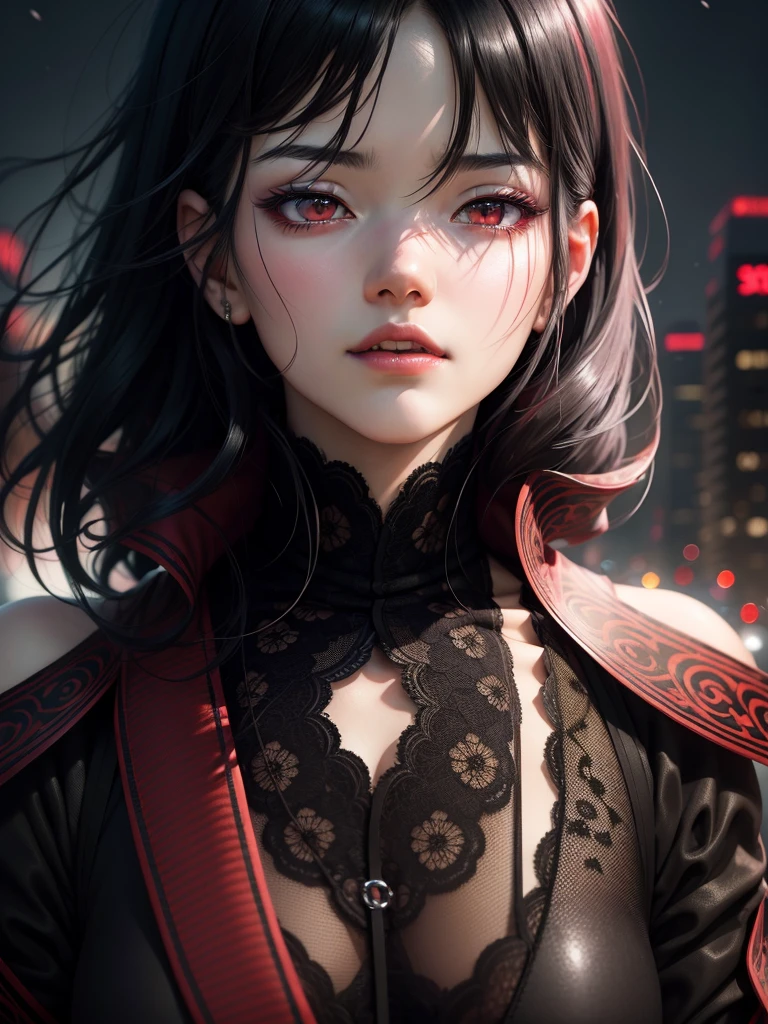 touka kirishima,beautiful detailed eyes,beautiful detailed lips,extremely detailed eyes and face,red and black hair,tokyo ghoul,anime style,dark and mysterious atmosphere, intense gaze[tokyo ghoul],outdoor setting,cityscape background,nighttime scene,vivid colors,sharp focus,highres,physically-based rendering