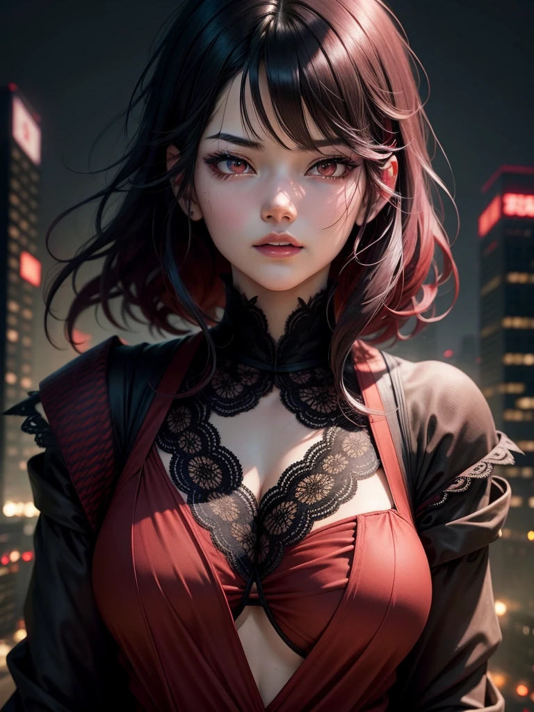 touka kirishima,beautiful detailed eyes,beautiful detailed lips,extremely detailed eyes and face,red and black hair,tokyo ghoul,anime style,dark and mysterious atmosphere, intense gaze[tokyo ghoul],outdoor setting,cityscape background,nighttime scene,vivid colors,sharp focus,highres,physically-based rendering