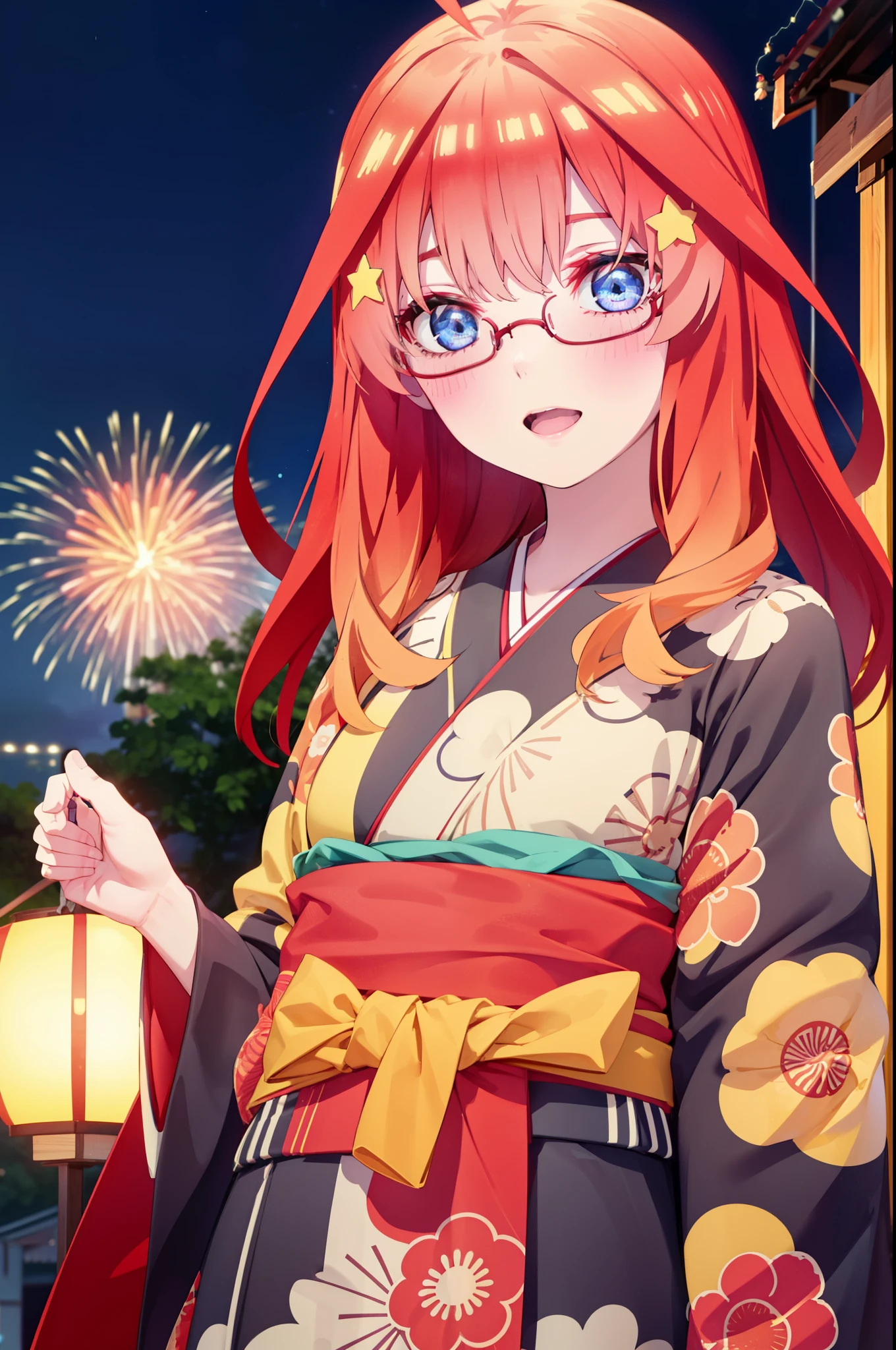 itsukinakano, Itsuki Nakano, bangs, blue eyes, Hair between the eyes, Ahoge, Redhead, star \(symbol\), hair ornaments, star hair ornaments,Akagi Glasses,smile,blush,Happy atmosphere,Open your mouth,Long Hair,Tie your hair back,red kimono,Thick sleeves,Sandals,White tabi,night空の花火,Fireworks display,Japanese Festivals,Summer festival food stalls,Red Lantern,night,イラストにwhole bodyが入るように, night
break outdoors, shrine, break looking at viewer,whole body,
break (masterpiece:1.2), highest quality, High resolution, unity 8k wallpaper, (shape:0.8), (Beautiful and beautiful eyes:1.6), Highly detailed face, Perfect lighting, Highly detailed CG, (Perfect hands, Perfect Anatomy),