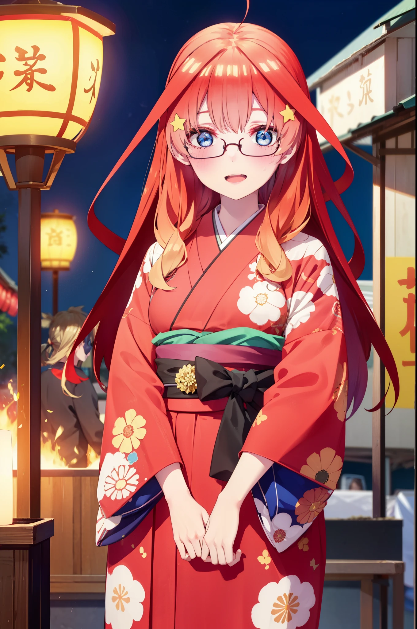 itsukinakano, Itsuki Nakano, bangs, blue eyes, Hair between the eyes, Ahoge, Redhead, star \(symbol\), hair ornaments, star hair ornaments,Akagi Glasses,smile,blush,Happy atmosphere,Open your mouth,Long Hair,Tie your hair back,red kimono,Thick sleeves,Sandals,White tabi,night空の花火,Fireworks display,Japanese Festivals,Summer festival food stalls,Red Lantern,night,イラストにwhole bodyが入るように, night
break outdoors, shrine, break looking at viewer,whole body,
break (masterpiece:1.2), highest quality, High resolution, unity 8k wallpaper, (shape:0.8), (Beautiful and beautiful eyes:1.6), Highly detailed face, Perfect lighting, Highly detailed CG, (Perfect hands, Perfect Anatomy),