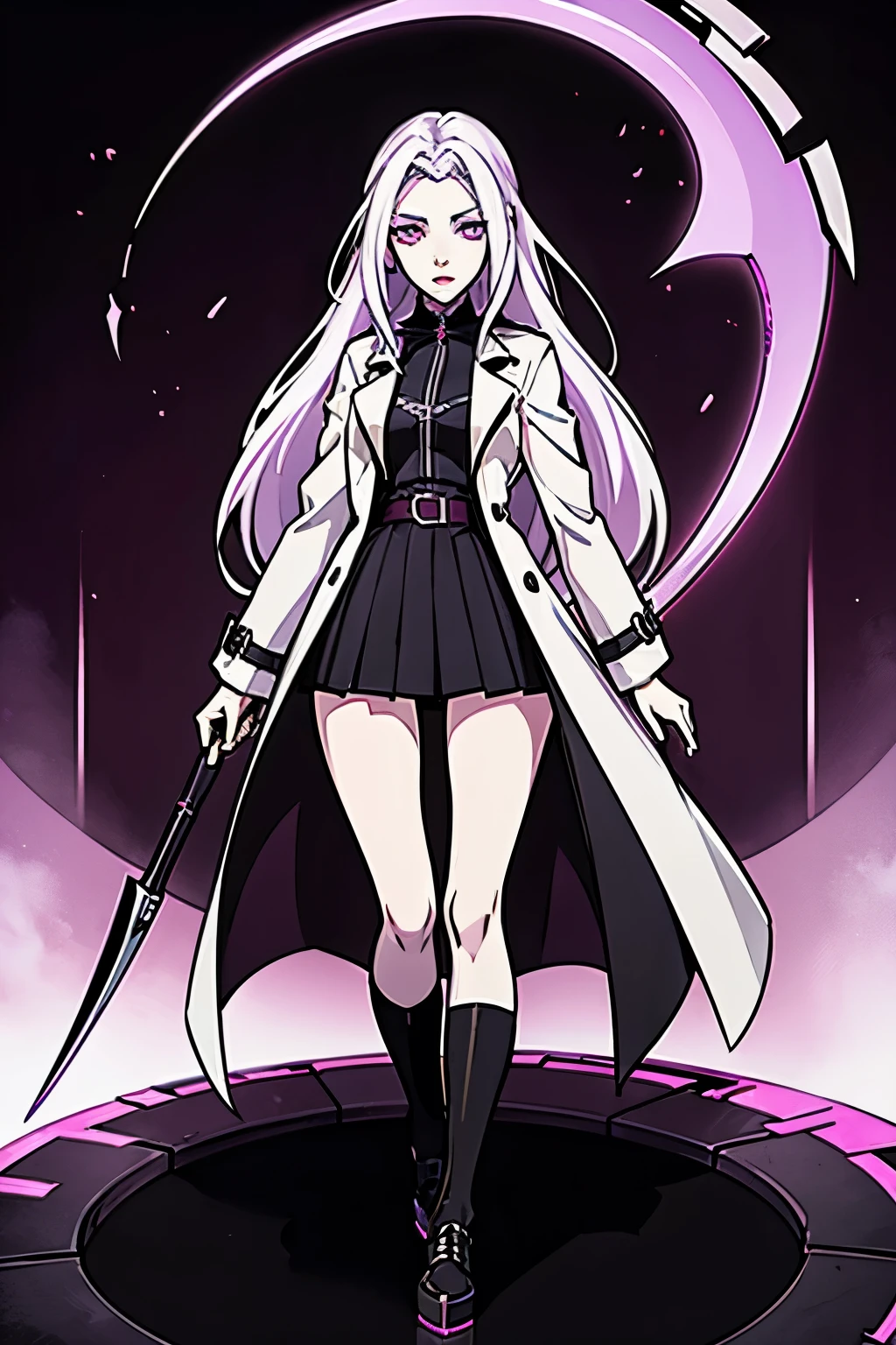 Anime girl with pale skin, having wine-colored eyes and a serious expression, she has long white hair with a very light violet tone that is loose and levitating by her power, 16-year-old anime girl, being a little tall, She wears a black heroine outfit with a trench coat and dark details, and has a scythe in her hand.