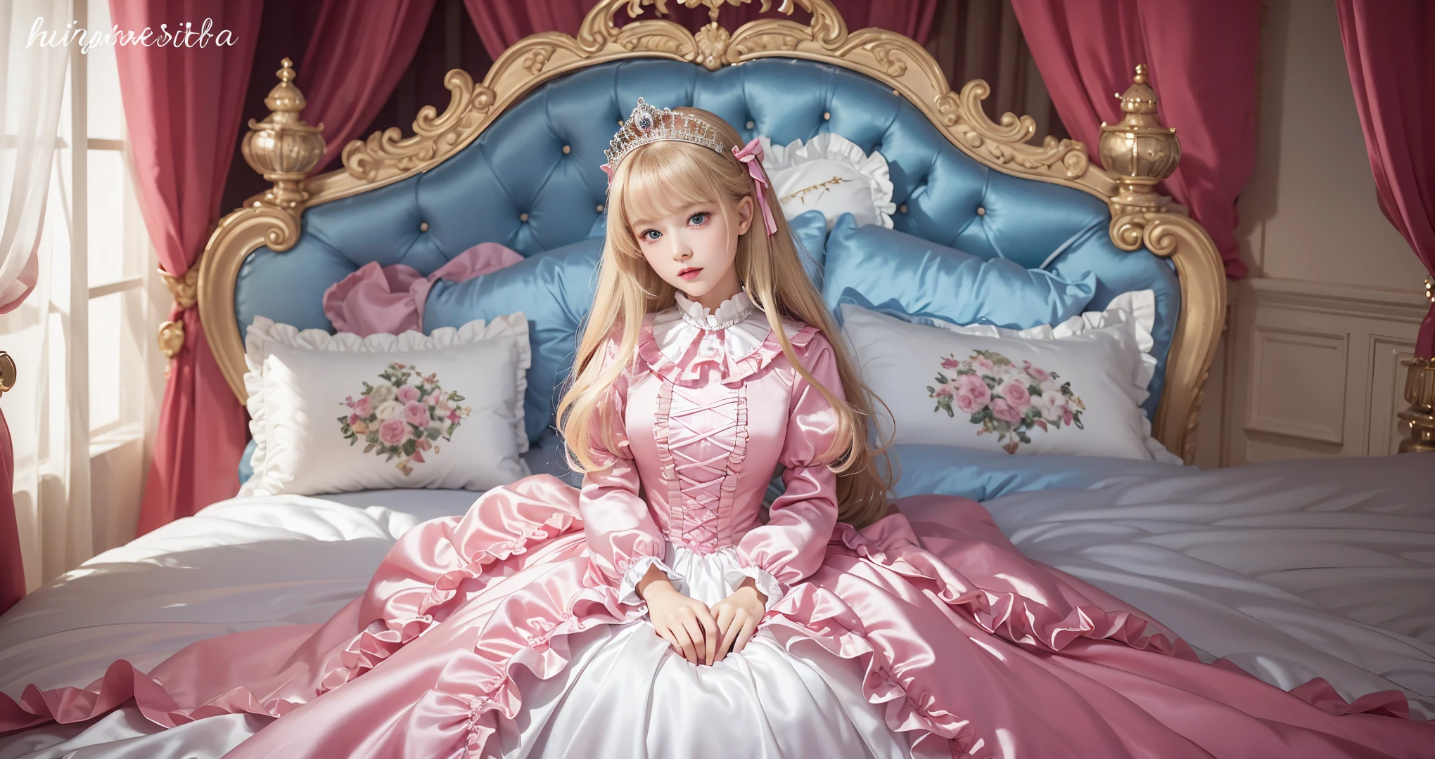 ,highest quality, masterpiece, Highest Resolution, artwork, super それにGet used to it, many Get used to it, Get used to it, それにGet used to it, 3K ultra-high resolution realistic photos,,(( When I )),Super detailed baby face,She isss,Full-length ball gown dress with hoop skirt,Frilled yoke collar,Puff sleeves,Long sleeve,((Lolita style hot pink princess satin dress、Lots of frills and ribbons。)),Colorful Rococo Fashion,shiny satin dress,Soft and smooth fabric,luxury,Long blonde hair,blue eyes,White skin European,pajamas,((Inside the palace)),,,(( When I was 10 years old)),Super ce,Full-length ball gown dress witirt,Long skirt,Frilled yoke collar,Puff sleeves,腰まで伸びるLong blonde hair,blue eyes,White skin European,pajamas,((Inside the palace bedroom)),ピンクのシルクサテンのluxuryなCanopy bedの上,Canopy bed,Luxurious curtains under a canopy,There were a lot of frilly pillows on the bed.,Highly detailed background,Detailed bed,Silk satin bed sheets,Soft silk satin quilt,Soft silk satin ruffle pillow in pastel colors,The little princess is sitting on the bed,A large balldress that completely covers the legs,Her legs are hidden by the dress,Don&#39;put your legs out to the side,Beautiful girl illustration,Beautiful and detailed face and hair,Detailed human eye ,Mouth details, Arm details,Beautiful Hands,Detailed pillow,Behind the girl were piles of frilly pillows.,