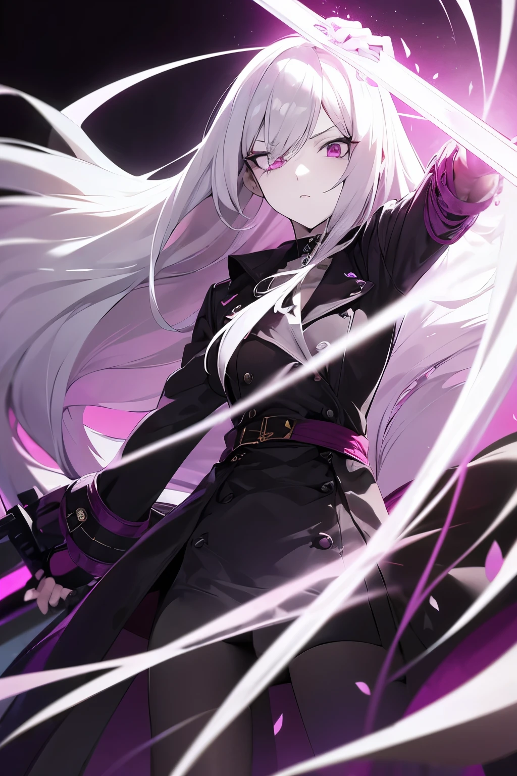 Anime girl with pale skin, having wine-colored eyes and a serious expression, she has long white hair with a very light violet tone that is loose and levitating by her power, 16-year-old anime girl, being a little tall, She wears a black heroine outfit with a trench coat and dark details, and has a scythe in her hand.