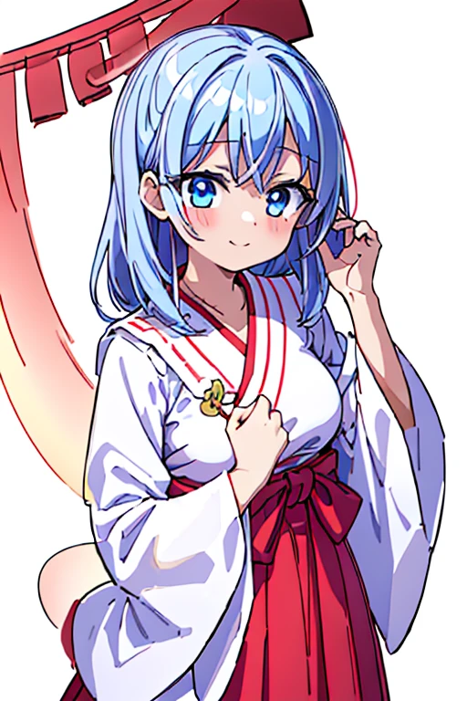 highest quality High resolution {Red too:1.35},シンプルなShrine maiden服 Shrine maiden服 (white background white groundless background:1.5), Long short hair Drooping eyes Anime style illustrations Beauty Shrine maiden Cute eyes smile Scarlet hakama Dark blue eyes One Woman Light blue hair Shortcuts Wide sleeves Long hem Looking up Big Breasts