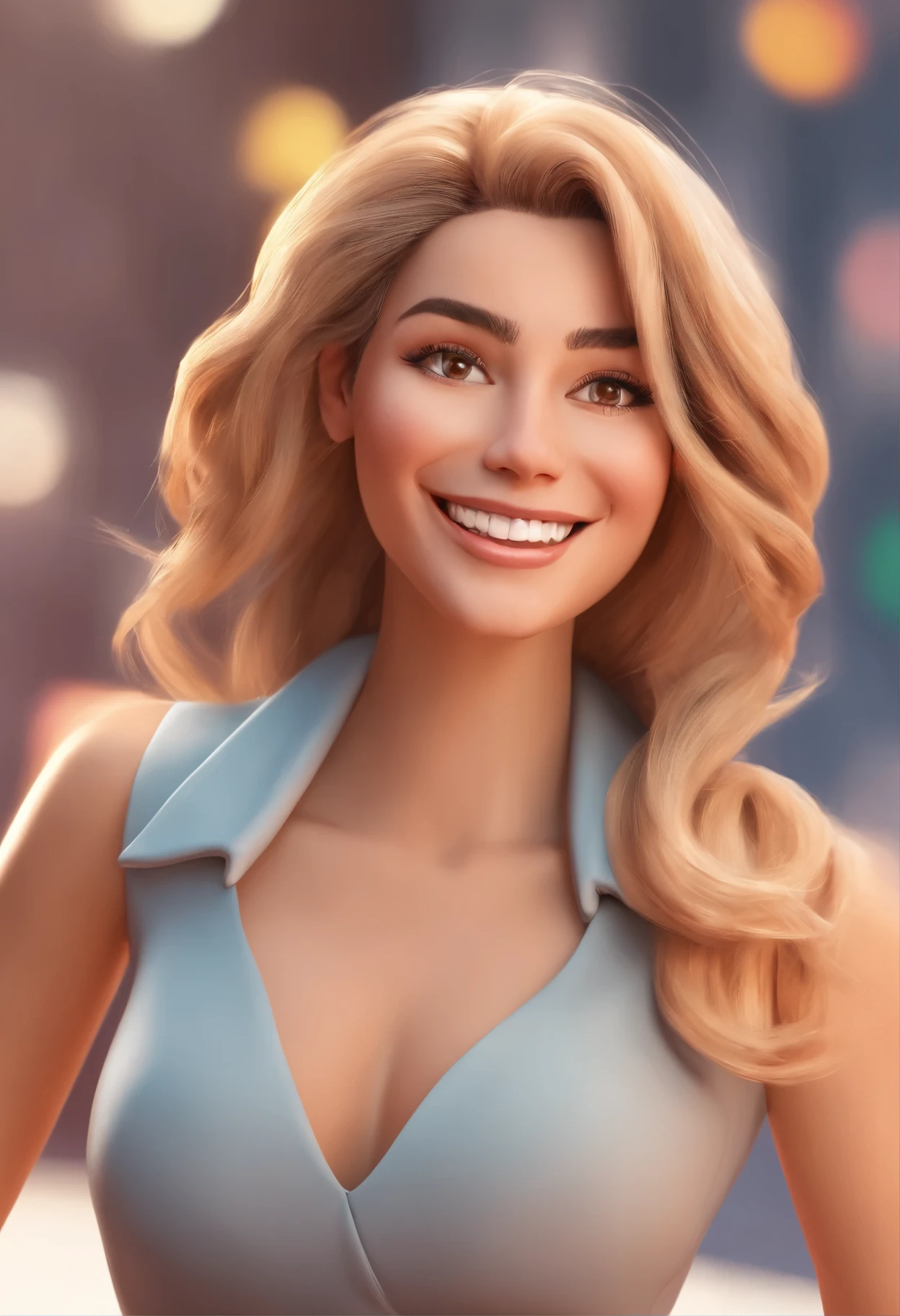 Illustration of smiling woman, sorriso insano, Mulher de pele marrom com um sorriso gigante, smiling happily at the camera, sorriso atrevido, she is smiling, sorriso muito grande, Smiling female, foto de perfil headshot, rindo sorriso enorme, desenhando no estilo de Arte 3D, C4D, fundo de cor branco puro, estilo disney, estilo pixar render ilustracao Super Detalhe, 8k