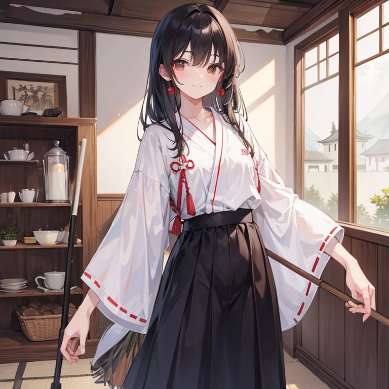 Miko de piel clara y cabello largo y negro, Brown eyes, ella usa gafas con correas, He is sweeping the Shintō temple with a broom while smiling. Usa la indumentaria tradicional de Miko de camisa blanca y hakama rojo. 
