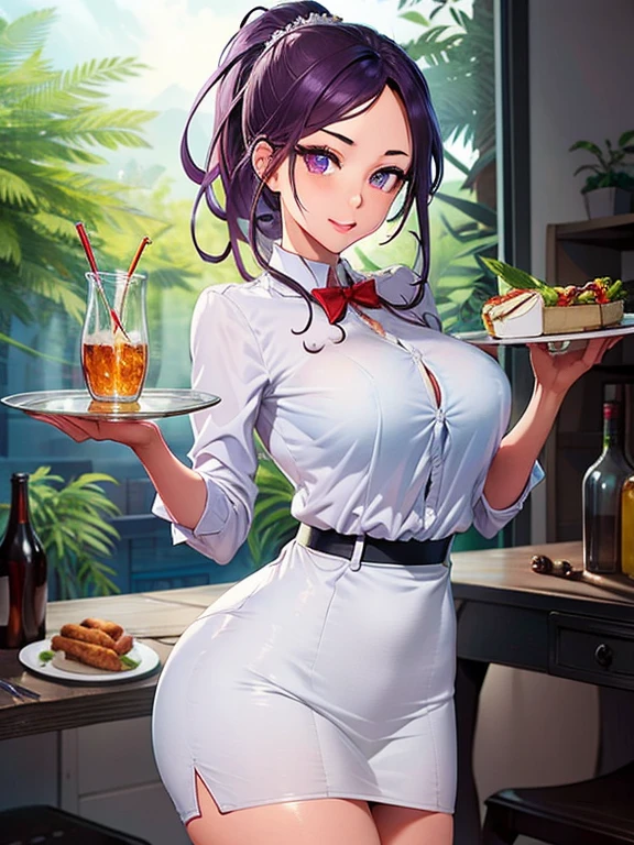 (masterpiece, best quality, high resolution, 8k), cowboy shot, BREAK, Waitress girl with beautiful curves, beautiful smile, dressed in a tight black miniskirt, white shirt and red bow on the neck, medium chest, hairstyle with a French braid and ponytail, purple hair, with white hairligth on the hair of forehead, with purple eyes, detailed, round eyes with eyelashes and highlighted eye shadow, BREAK, standing and carrying a plate of food in one hand, ready to serve in a dynamic pose in a house party .