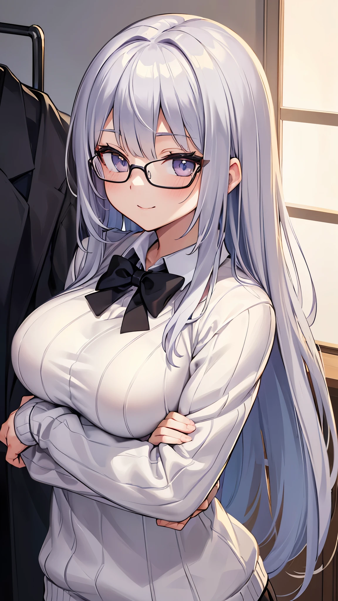 (highest quality, 8k, 32k, masterpiece, Ultra-high resolution:1.3), (Attractive Japanese women photos), ((1 girl)), ((Mid-chest:1.3)), Abdominal muscles, Perfect body, Highly detailed face, Detailed lips, Beautiful Eyes, double eyelid, ((Mature Woman)) Sexy Girls, beautiful girl, Incredible beauty, (Silver long hair:1.2)), office lady, ((Intricate white sweater:1.3)), ((Get closer to the face)), Smiling beautifully, The sunlight illuminated her beautiful face., Grey blazer, Early morning changing room, Wear glasses, Arms crossed, ((Black blazer)),