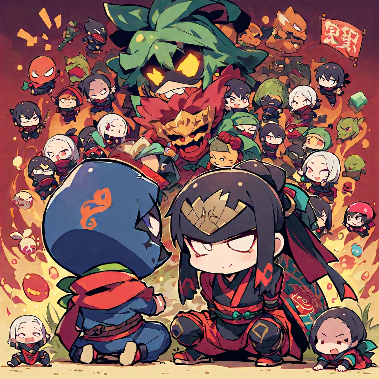 Arrogant looking guy、Chibi Character、Ninja Costume、Ninja Slayer、Leaning forward、Put your hands on the ground、Squat sitting、In a low position、Looking at the front、Smiling invincibly、Evil face、Confused eyes、The moment before jumping、Many familiars behind the man、They&#39;re all looking at me、Horrible atmosphere、Evil Hero、There&#39;s no need for pretty things、Using all possible cowardice、You can win by using underhanded means.