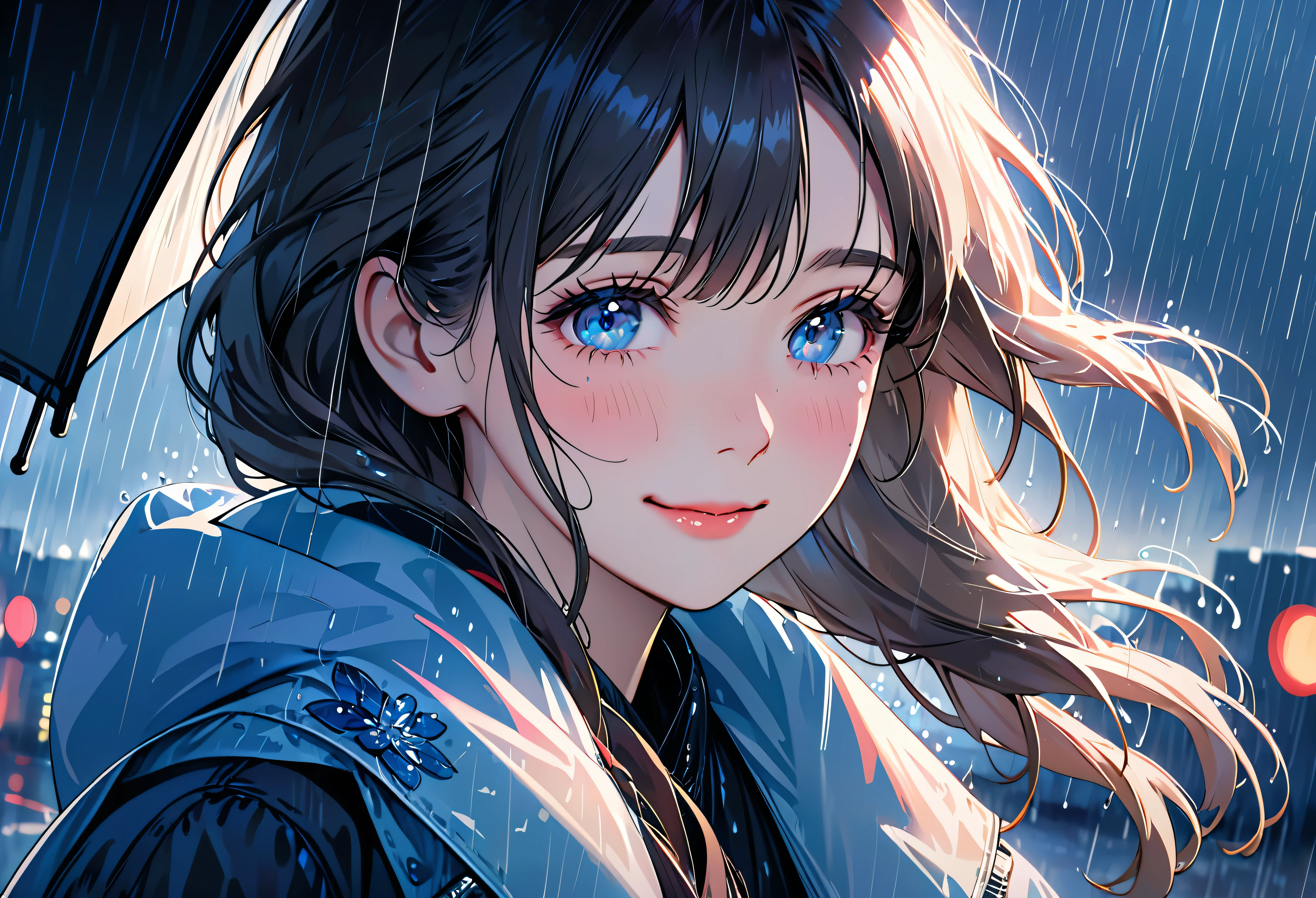 One girl,City of night,rain,coat,Put your hands in your pockets,best quality, highres, ultra-detailed, realistic:1.37, Close to cold colors,reduce saturation, portrait, soft lighting, long eyelashes, sparkling eyes, glossy lips, detailed skin, retro pattern, pastel colors, ((smile while crying1.2)), ((shedding tears:2.0),, ((sad look:1.8)),, dreamy atmosphere, elegant pose, nostalgic vibes, glittering highlights, flawless complexion, 80s style fashion, retro hairdo, pink blush, delicate features, diamond-like eyes,((rain squall:2.8)),((intersection))((high rise residential building Dark city silhouette background:2.0))