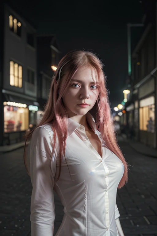 1 Girl, Pink long hair, Red Corner, White collared shirt, Black tie, A faint smile, Yellow eyes, horny_strength,, architecture,shop,Town Street, Dark sky, landscape,Neon,of the night city, Japanese lyrics,, , absurd, Delicate eyes, Extremely detailed, Volumetric Lighting, Practical, Practical lighting, 8k, Movie Lighting, Depth of Field, perfect, Ultra Detailed, photoPractical, ultra Practical, Practical light, Hard Lighting, Intricate details, Stop Movement, Tone Mapping, Clear focus, Super detailed,