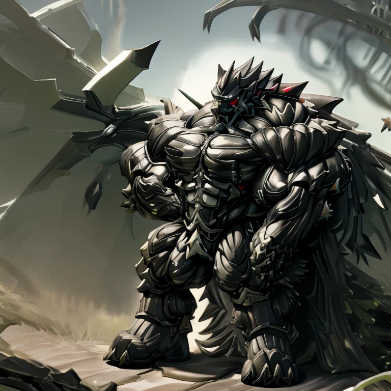 8K, Masterpiece, highres, future fiction. black visor, Detailed head, Detailed Body, full body, BLACK COLOR, Detailed abs, wearing crNanosuit, big muscle (pecs, triceps, traps) unusually developed muscular body, body full of huge muscles. showing off muscles, pectorales enormes. Exaggeratedly huge muscles. Gigachad Muscular, gigantic muscles, Colossal giant NANOSUIT over a battlefield, The cloak is so long that it touches the ground, crossed arms. The claws are sharp, Sharp teeth, have big wings. Spread wings, whole body shines like metal. nj5furry,