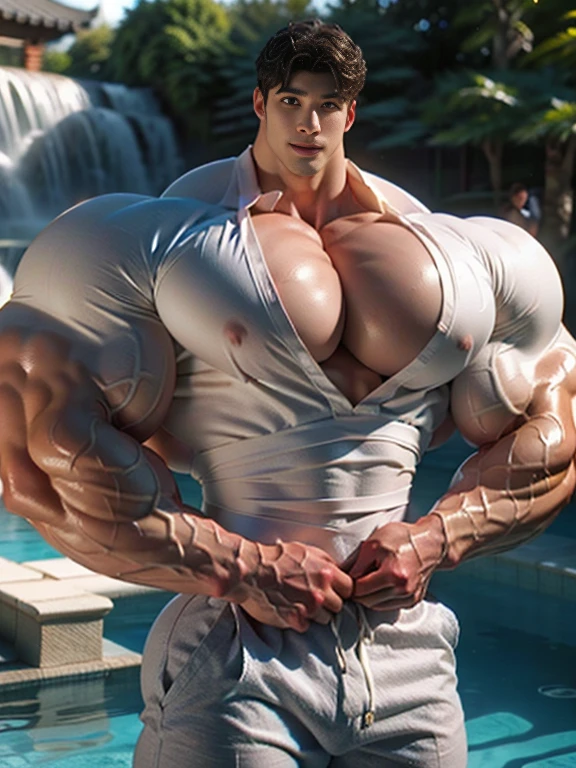 (best quality:1.5, hyperrealistic:1.5, photorealistic:1.4, madly detailed CG unity 8k wallpaper:1.5, masterpiece:1.3, enthusiastically detailed photo:1.2), (hyper-realistic lifelike texture:1.4), highly detailed, ((masterpiece, best quality)), retouched,  8K wallpaper, 1 korean male, (korean man with k-pop idol look), 20yo, handsome, hyper muscle, stubble, firm, wear groom tailored white singlet and pants, big guy, heavyweight bodybuilder, photo real, illuminating light, brutalmass, giant muscular bodybuilder, bulk, massive body, extremely large body, charming, wedding decorated field with a zen fountain, outdoor