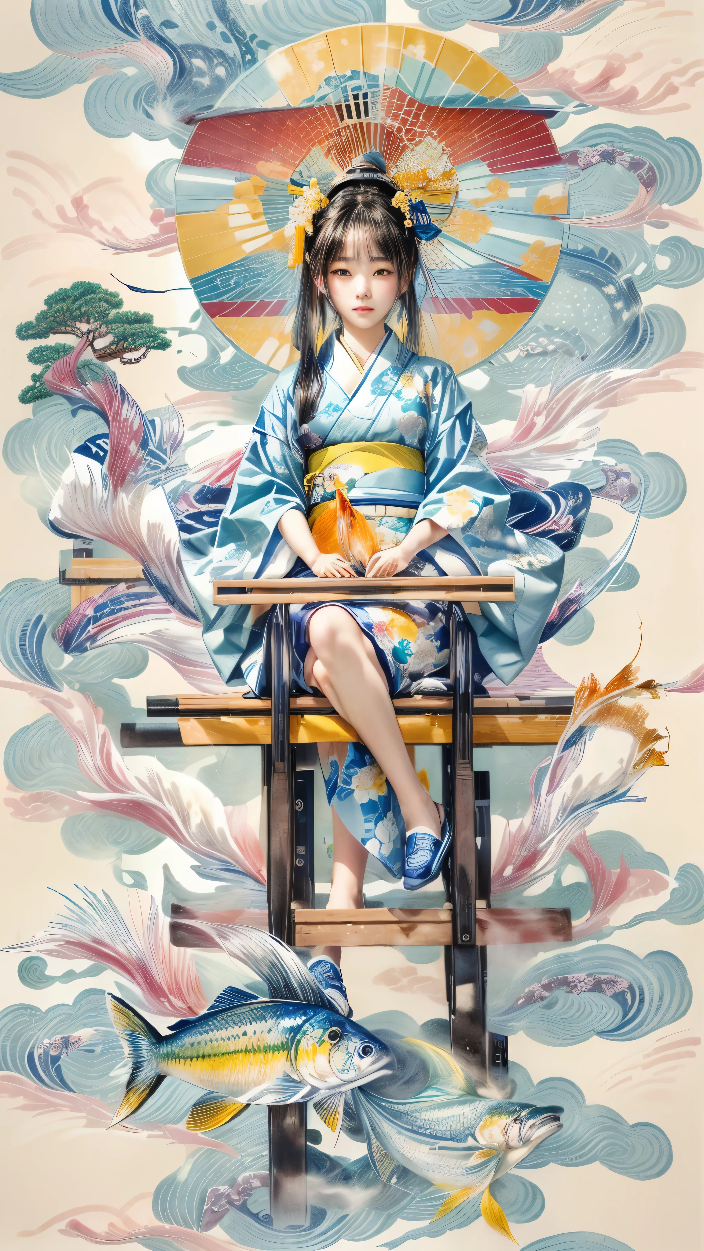 Close-up of a female Japanese ager sitting on a bench holding a fish, by Qiu Ying, Japanese art style, In the Ukiyo-e art style, Written by Ku Lei Lei, Japanese painting, James Jean and Urop, by Tosa Mitsuoki, Written by Li Song, Japanese Goddess, By Chen Jill, Ukiyo-e style, by Li Zai、A woman wearing a sky blue and yellow yukata、Fascinating、There are fish and shrimp at the bottom of the screen。White cloud、There is smoke like a Karman vortex。