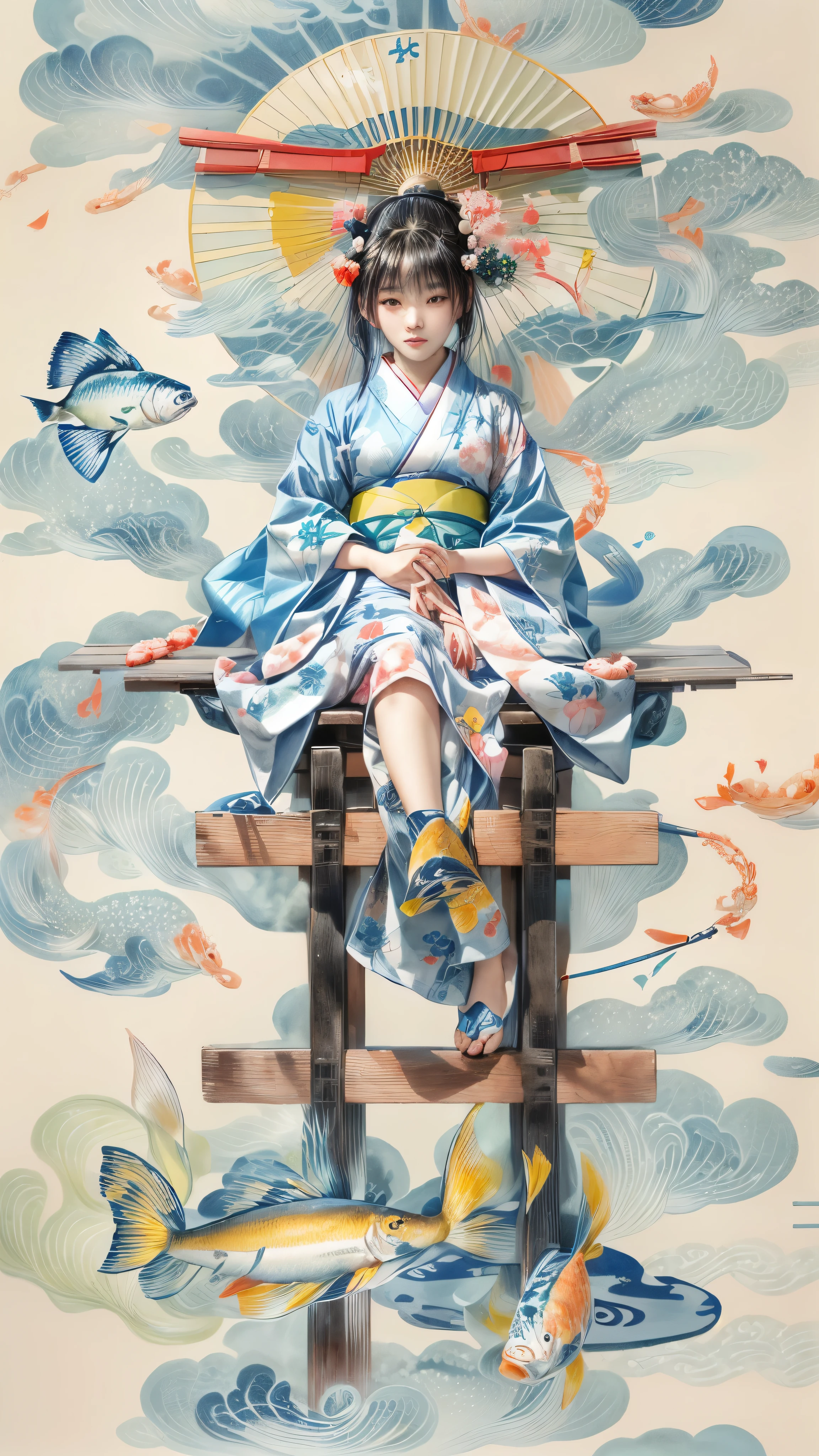 Close-up of a female Japanese teenager sitting on a bench holding a fish, by Qiu Ying, Japanese art style, In the Ukiyo-e art style, Written by Ku Lei Lei, Japanese painting, James Jean and Urop, by Tosa Mitsuoki, Written by Li Song, Japanese Goddess, By Chen Jill, Ukiyo-e style, by Li Zai、A woman wearing a sky blue and yellow yukata、Fascinating、There are fish and shrimp at the bottom of the screen。White cloud、There is smoke like a Karman vortex。