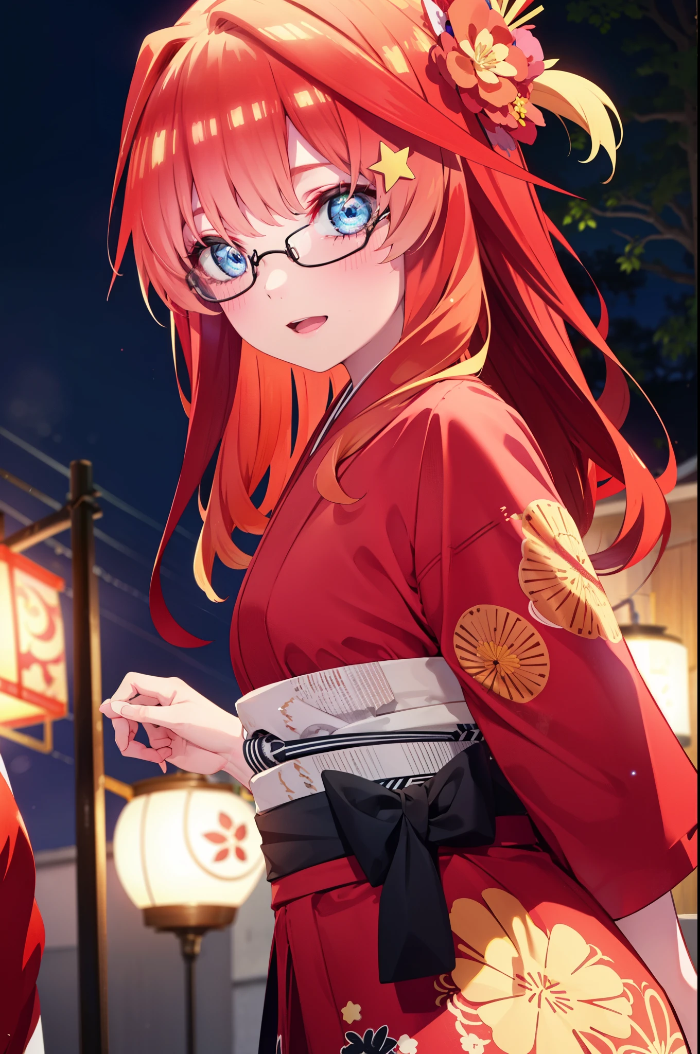 itsukinakano, Itsuki Nakano, bangs, blue eyes, Hair between the eyes, Ahoge, Redhead, star \(symbol\), hair ornaments, star hair ornaments,Akagi Glasses,smile,blush,Happy atmosphere,Open your mouth,Long Hair,Tie your hair back,red kimono,Thick sleeves,Sandals,White tabi,night空の花火,Fireworks display,Japanese Festivals,Summer festival food stalls,Red Lantern,night,イラストにwhole bodyが入るように, night
break outdoors, shrine,                                              break looking at viewer,whole body,
break (masterpiece:1.2), highest quality, High resolution, unity 8k wallpaper, (shape:0.8), (Beautiful and beautiful eyes:1.6), Highly detailed face, Perfect lighting, Highly detailed CG, (Perfect hands, Perfect Anatomy),