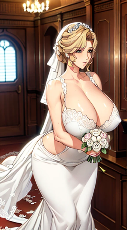 (Mature female , Sagging breasts、Cleavage, cleveage, Curvy beauty, Perfect body，)Wedding dress，hall，Flying white doves，Holding a bouquet of roses，Holy