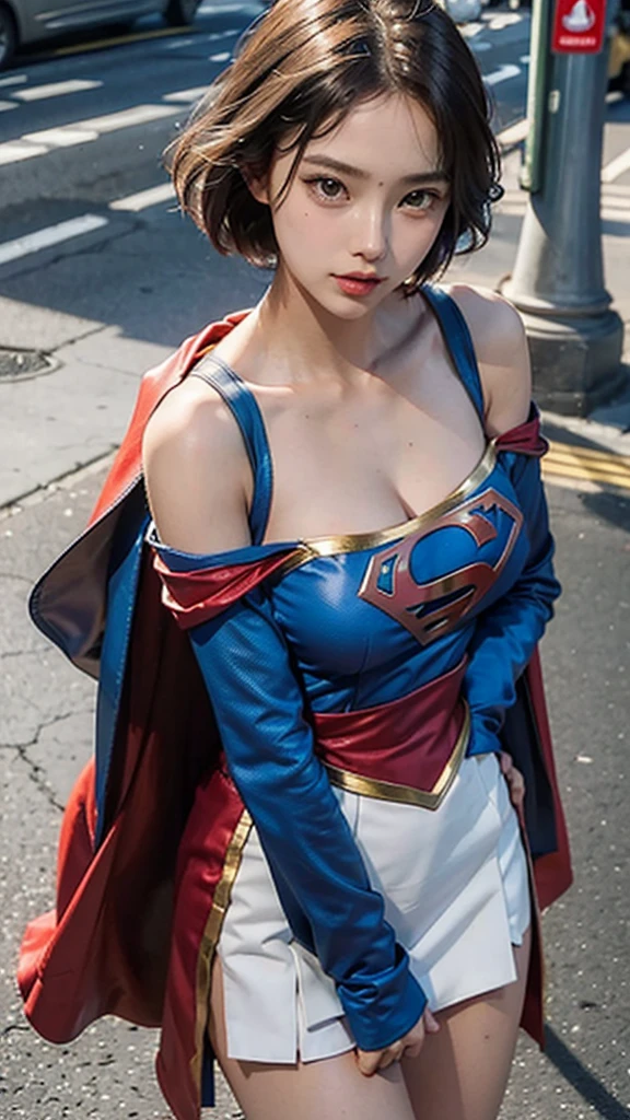 Woman body set big breasts,Supergirl costume dress,Cut clothes,Close-up,Off-the-shoulder attire,Charming,perfect bodies,the street