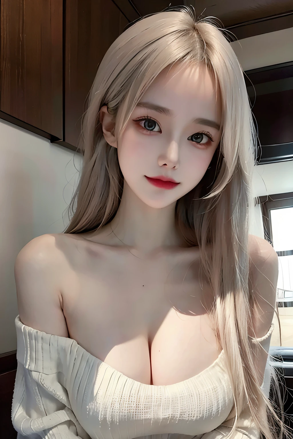 (8k, original photo, best quality, masterpiece:1.2), (Extremely detailed CG, Super detailed, The best shadow:1.1),1 Girl, Solitary, Upper Body, Paper texture, Ultra-high resolution, ((Extremely detailed face)), Flat Color, Become a, Optimal lighting, Off-the-shoulder boxer sweater,A girl falls in the air, Big saggy breasts:1.4, saggy breasts:1.3, exposing long cleavage, no bra, Strapless, Blow dry hair, Shut up, White hair, White:1.6, (puff out chest), Take pictures sideways, from below:1.3, hands behind back