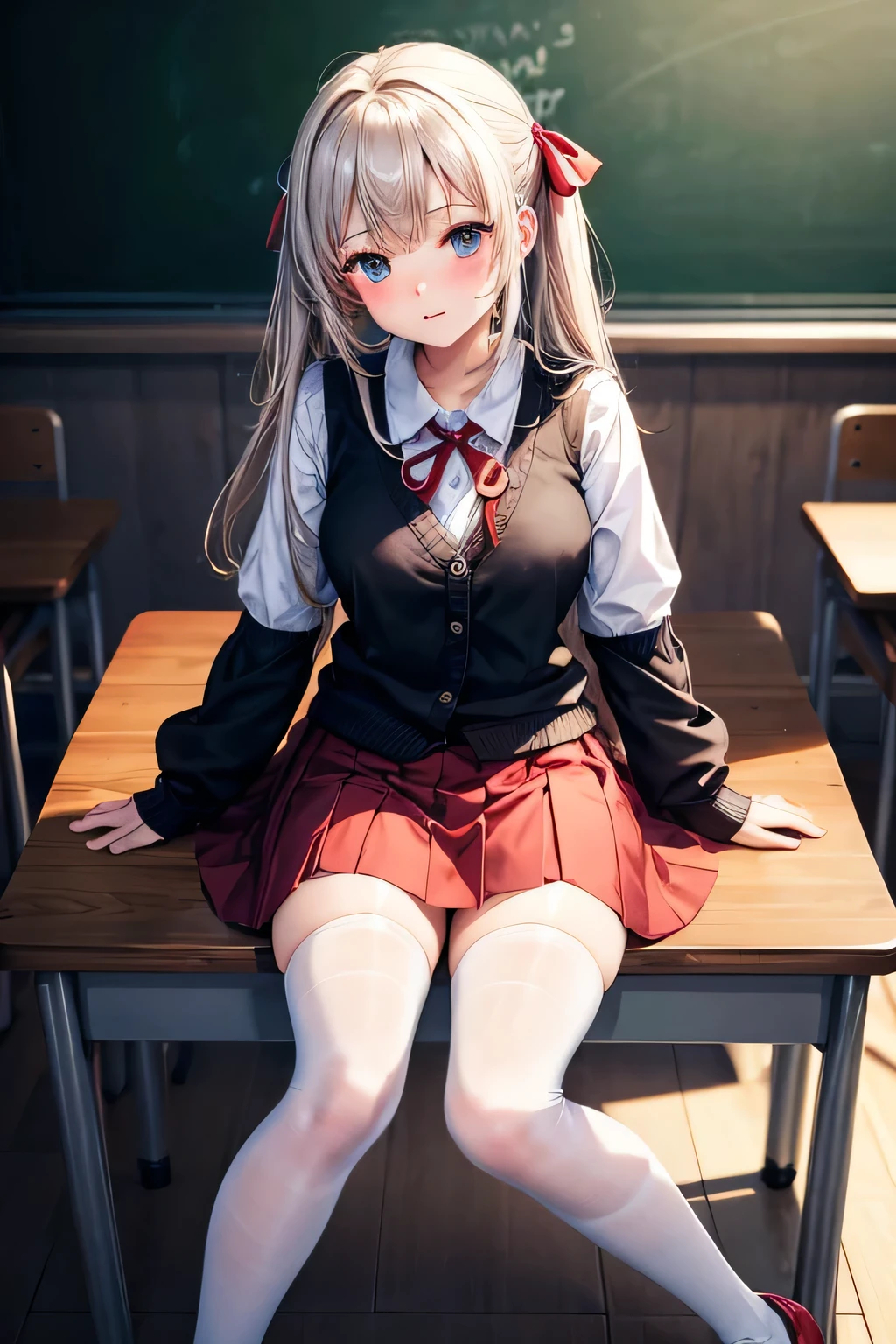 Top quality masterpiece, Anchorage V4, One girl, alone, View your viewers, skirt, shirt, Knee socks, ribbon, Sitting, , hair ribbon, white shirt, tie, shoes, white Knee socks, Official Alternative Costumes, Sleeves are longer than the wrist, red skirt, cardigan, machine, classroom, blackboard, uwabaki, on machine,Sexy age girl,