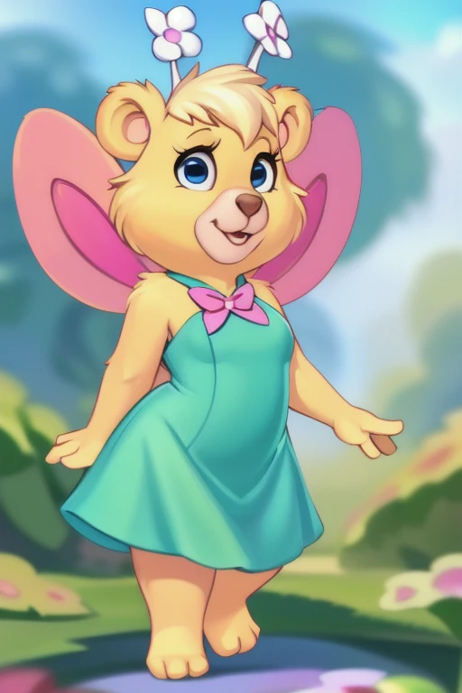 butterbear, bear, antennae_(anatomy), insect_wings, short stack, breasts, fancy cocktail dress, cocktail in hand, blue eyes, looking at viewer, 3 toes , showing feet, uploaded on inkbunny, uploaded on fur affinity,(detailed background, depth of field), (intricate:1.1), (high detail:1.2), (soft focus), (masterpiece, best quality, 8k, 4k, shaded, absurd res), by Chunie, by CyanCapsule, by Hallogreen, by carrot