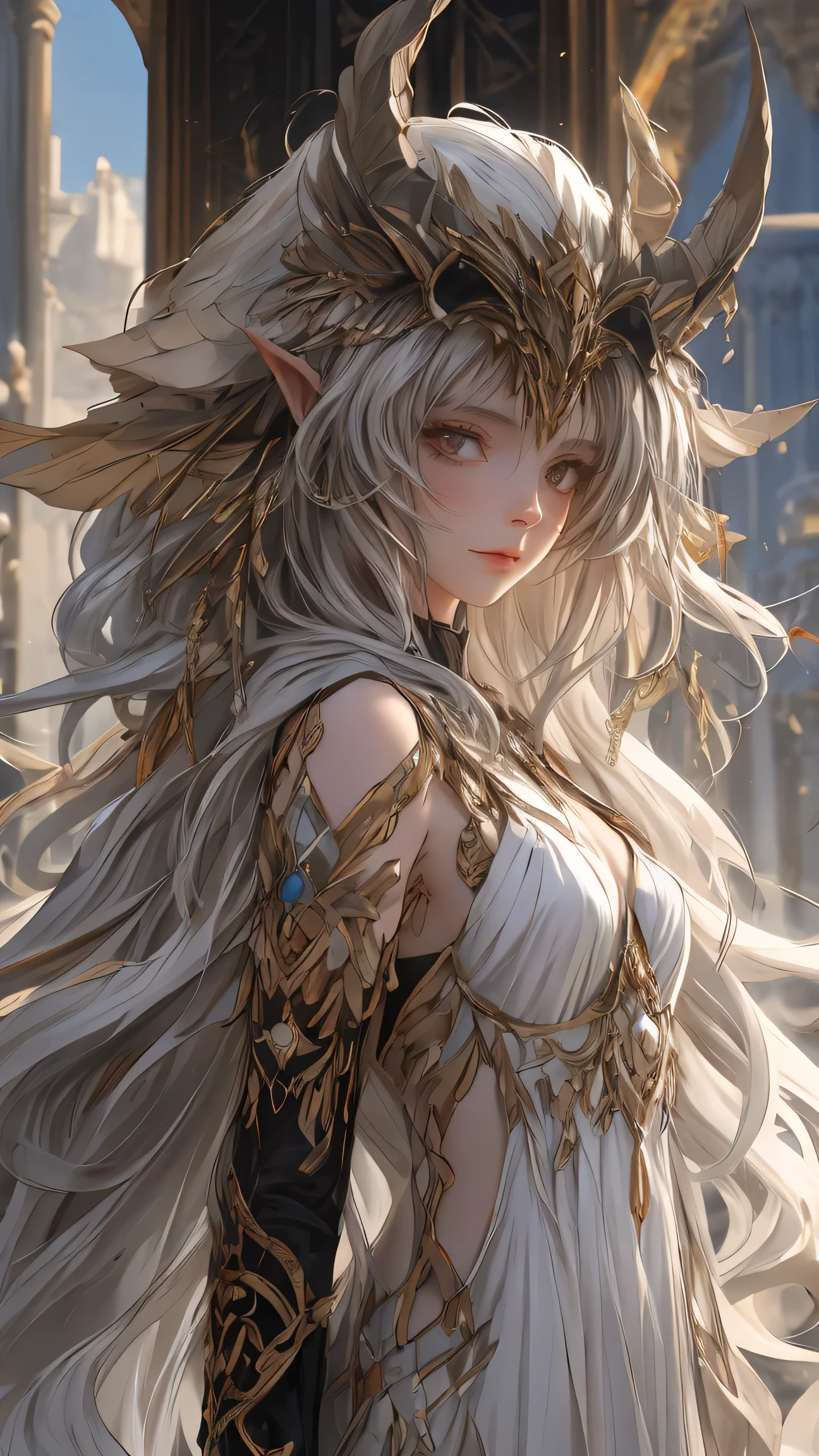 Best quality, masterpiece, ultra high res, raw photo, beautiful and aesthetic,deep shadow, dark theme,(ultra detailed:1.3),
1girl, sitting on bed, Headdress, hair ornament, full of curtain, drill hair, long hair, blonde hair, gradient hair, yellow eyes, solo, huge breasts, G-cup, big hair, blue hair, tiara, divine goddess, looking at viewer, royal palace, indoors, bedroom, astraea, full body, bj_Devil_angel