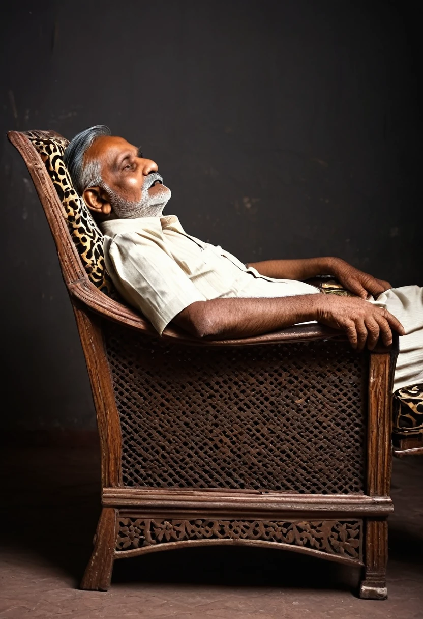 Indian old man lying down on vintage arm chair (side view)
