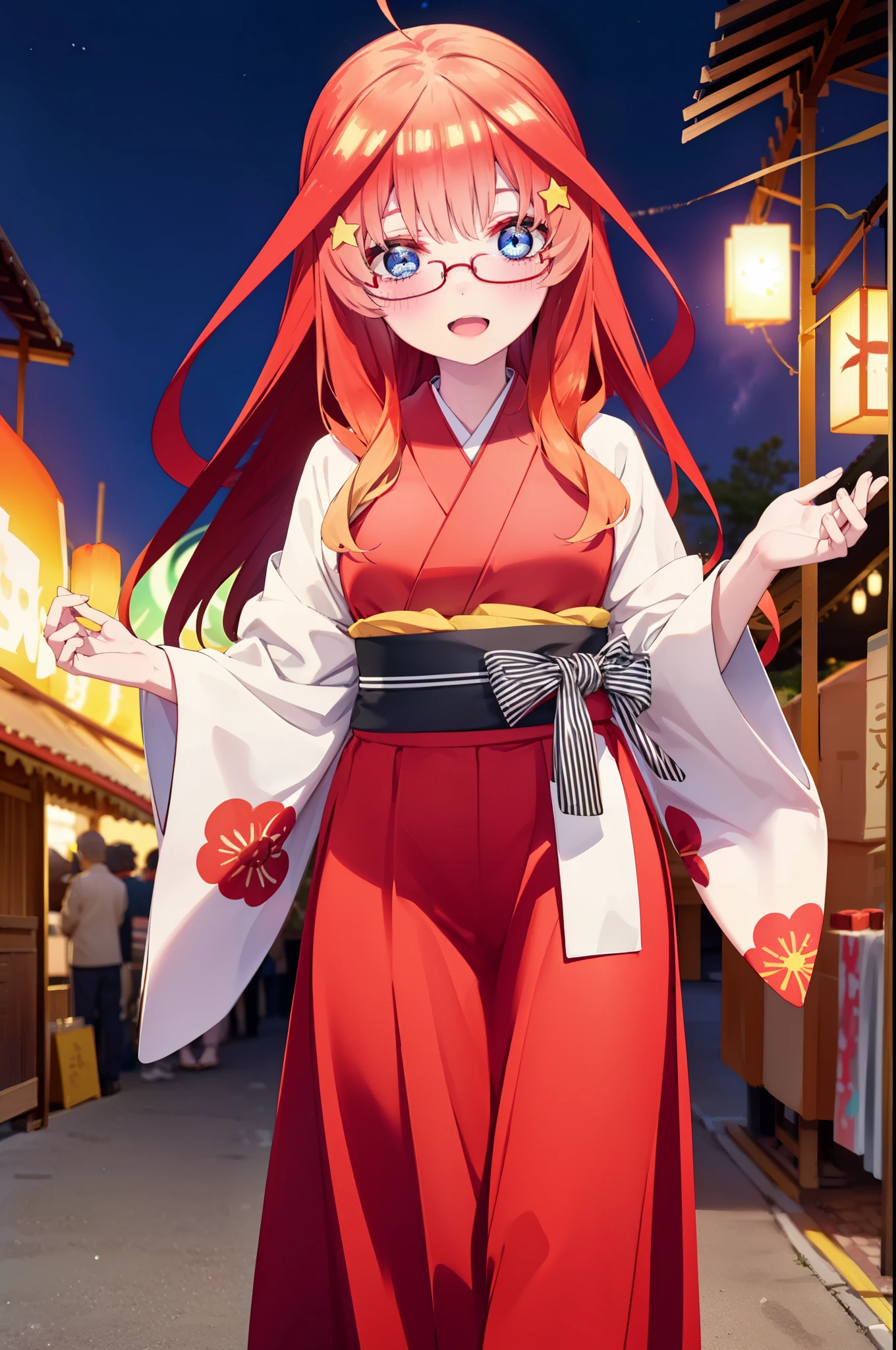 itsukinakano, Itsuki Nakano, bangs, blue eyes, Hair between the eyes, Ahoge, Redhead, star \(symbol\), hair ornaments, star hair ornaments,Akagi Glasses,smile,blush,Happy atmosphere,Open your mouth,Long Hair,Tie your hair back,red kimono,Thick sleeves,Sandals,White tabi,night空の花火,Fireworks display,Japanese Festivals,Summer festival food stalls,Red Lantern,night,イラストにwhole bodyが入るように, night
break outdoors, shrine, break looking at viewer,whole body,
break (masterpiece:1.2), highest quality, High resolution, unity 8k wallpaper, (shape:0.8), (Beautiful and beautiful eyes:1.6), Highly detailed face, Perfect lighting, Highly detailed CG, (Perfect hands, Perfect Anatomy),