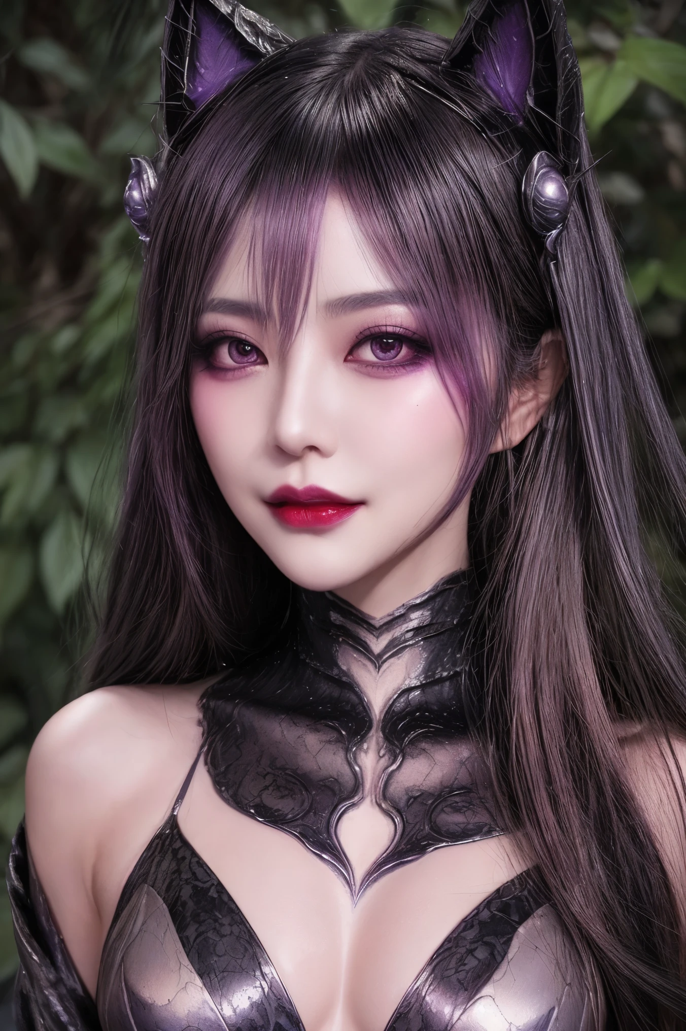 Esoteric arachnids lady, Spider Queen Elise, League of Legends, Esoteric arachnids, Combat Stance, ( The body is made of metallic mauve and metallic black liquid metallic paint.、It beautifully depicts the female form.。), Long, sharp fangs, nature, ((Complex metallic colors in the foreground)), (( Fluid Mechanics, The most beautiful smooth scale face makeup, Smirking expression)) - Dark blood, Onyxia