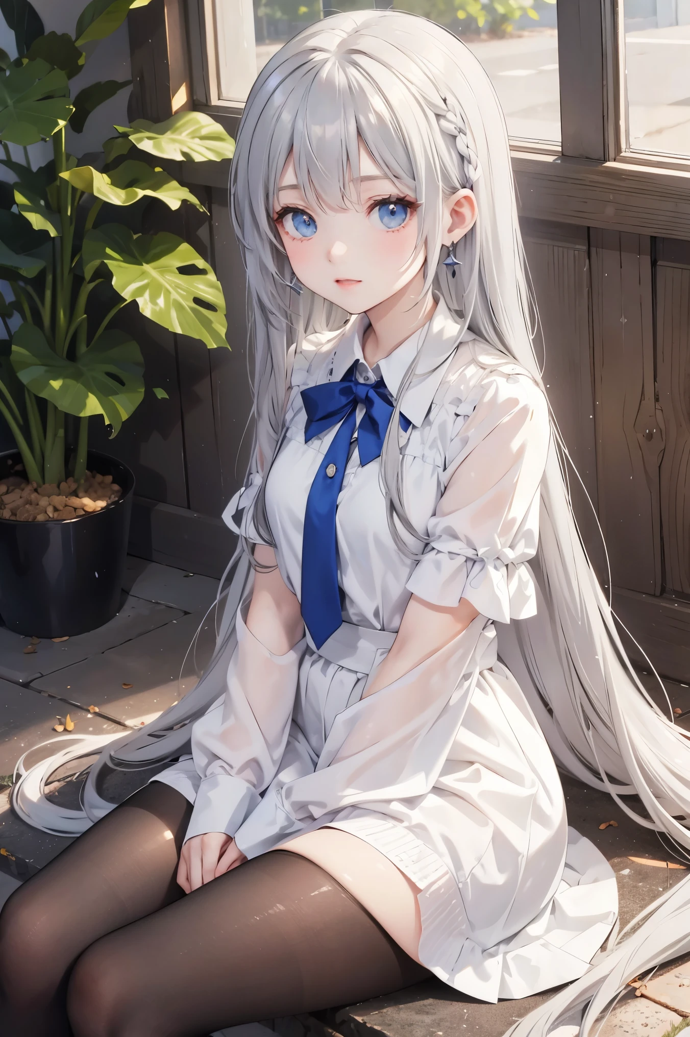 (Masterpiece), best quality, expressive eyes, perfect face, 1 girl, beautiful, gorgeous, anime, girl, lore, ph bronya, 1 girls, solo, earrings, long hair, gray hair, drill hair, gray eyes, pantyhose, w sitting, w sitting on the ground, legs on the ground, hands between thighs, arms between legs, arms between legs, hands between legs, hands between legs
