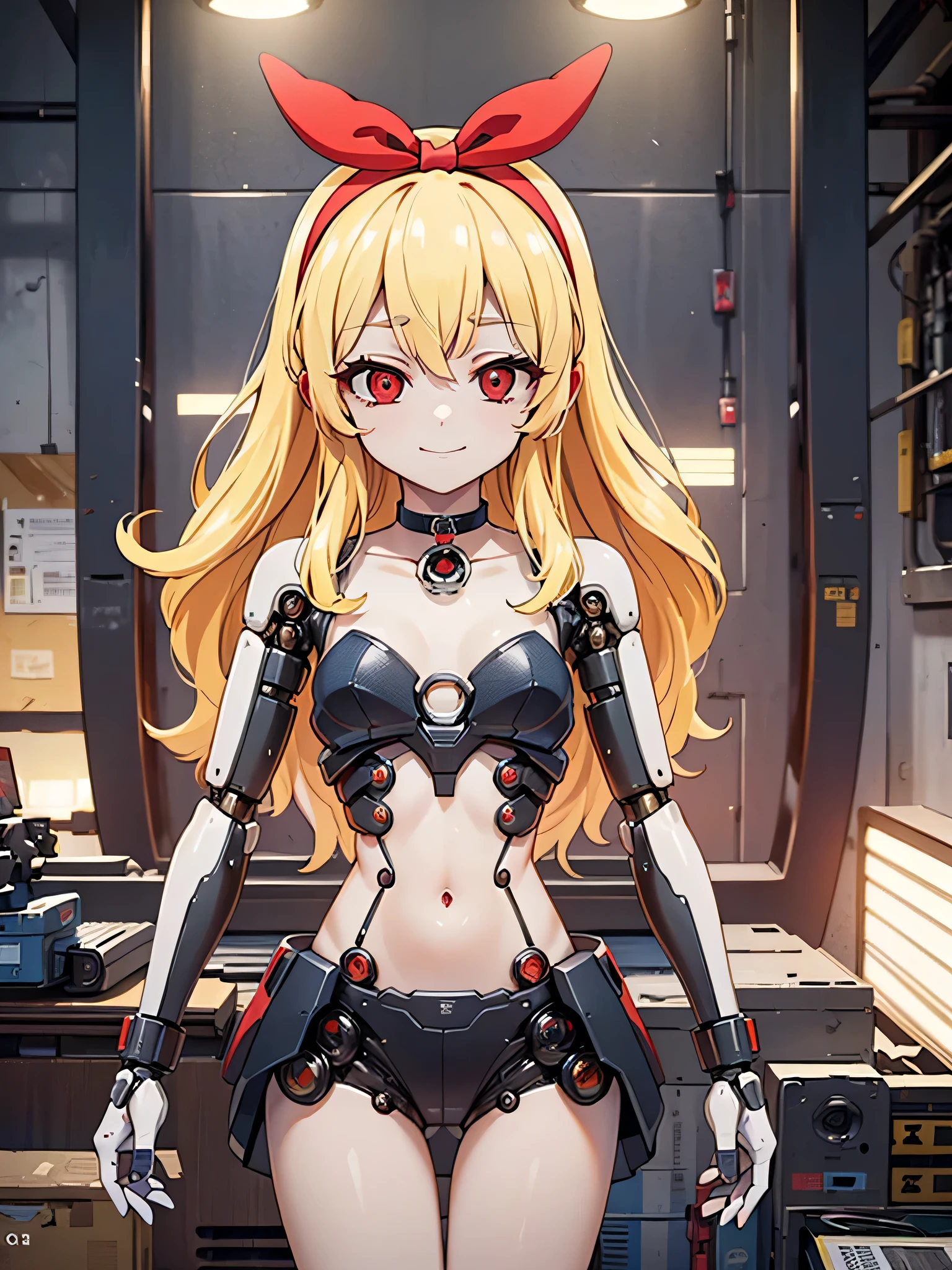 (RED Ribbon on HAIRband:1.2),(8k, RAW photo, high quality, masterpiece:1.2), High-definition RAW color photo, Professional photo shoot, cinematic light, alone, (((The body of the machine, female mechanical doll))), (detailed expression), (small face), (((blonde HAIR, red eye:1.5))), choker, attractive body, (slim body shape:1.4), Very detailed face and skin texture, fine eyes, ((Emotionless smile)), (black and red body color), (machine made joint:1.4), ((mechanical limbechanical vertebrae)), ((Mechanical cervical vertebrae attached to a choker)), wires and cables connected to the body), (Countless tubes connected from blood vessels to external machines), seductive thighs, Underground facilities:1.5, Beautiful skin and the luster of metal materials, perfect fingers, five fingers, anatomically correct, background bokeh, high quality, Sci-Fi Art, bright colors, ((nikon, 135㎜, f/1.8, very detailed, photo shoot)),