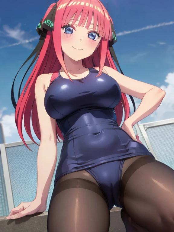 best quality, ultra-detailed masterpiece, anime art style, cute character, nino nakano, large breasts, blush, smile, one-piece swimsuit, pantyhose,1girl