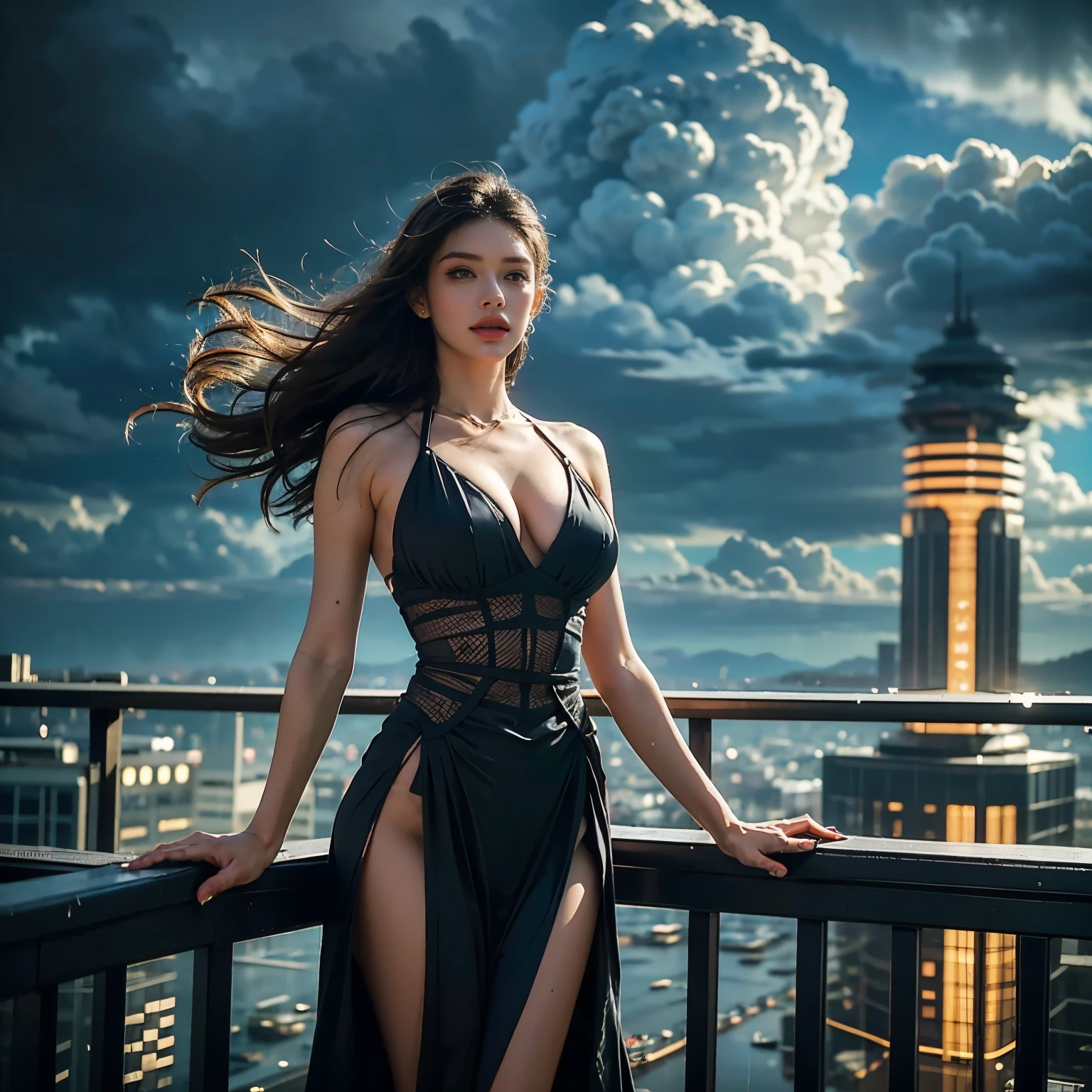一人のlikeく非常に美しい女性、Beautiful Face、Beautifully detailed eyes、Perfectly shaped nose、Full and seductive lips、Shiny wet hair、A visually striking face、Ideal body proportions、Big Breasts(Big Breasts:1.1)、Powerful sorceress、Legendary magician、like々Beautiful appearance、SF、Fantasy、A fusion of advanced technology and magic、Future and Tradition、A stylish holographic dress that combines innovation and tradition、Cast powerful spells and enchantments、(highest quality、4k、8k、High resolution、masterpiece:1.2)、(Correct anatomy of the fingers)、Super detailed、(Real、Photorealistic、Photorealistic:1.37)、HDR、UHD、Professional Lighting、Bright colors、Sharp focus、(Floating high in the sky, overlooking the city:1.4)、Tall modern skyscrapers、There was a strong wind blowing.、(Heavy rain is pouring from the dark clouds:1.6)、Dramatic lightning lit up the sky、My wet clothes were sticking to my body、Elegant and confident、Eyes staring straight into the camera lens、It creates a fascinating and powerful connection.、Breathtaking background、Magical Aura、Glowing energy、High-tech magic wand、Captivating Sparks、Swirling particles、Rune、Intense visual effects、Otherworldly atmosphere、Ethereal beauty、natural breasts、COMG3O、