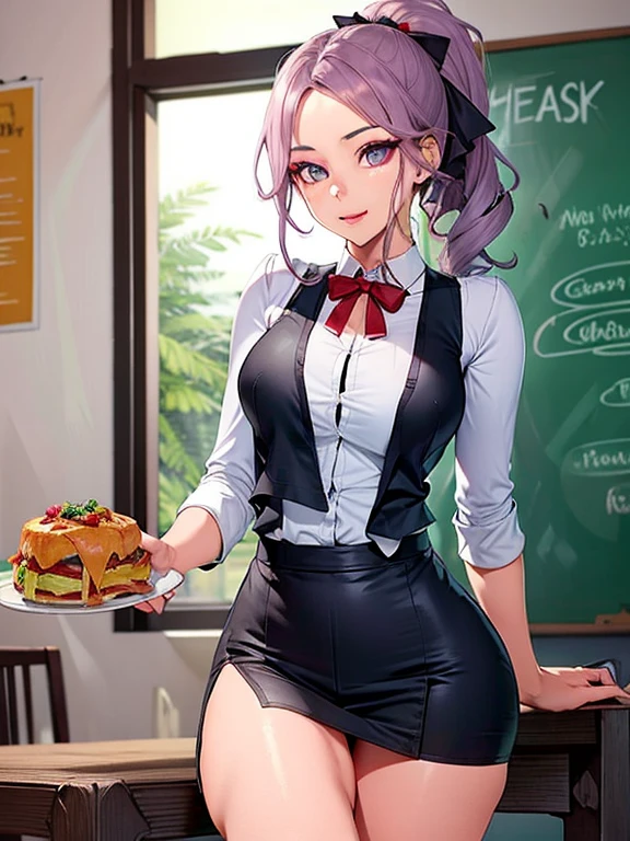 (masterpiece, best quality, high resolution, 8k), cowboy shot, BREAK, Waitress girl with beautiful curves, beautiful smile, dressed in a tight black miniskirt, white shirt and red bow on the neck, medium chest, with open black vest, hairstyle with a French braid and ponytail, purple hair, with white hairligth on the hair of forehead, brown eyes, well defined eyes, high definition eyes, eyelashes and black shadow under the eyes, with purple eyes, detailed, round eyes with eyelashes and highlighted eye shadow, BREAK, standing and carrying a plate of food in one hand, ready to serve in a dynamic pose in a house party .