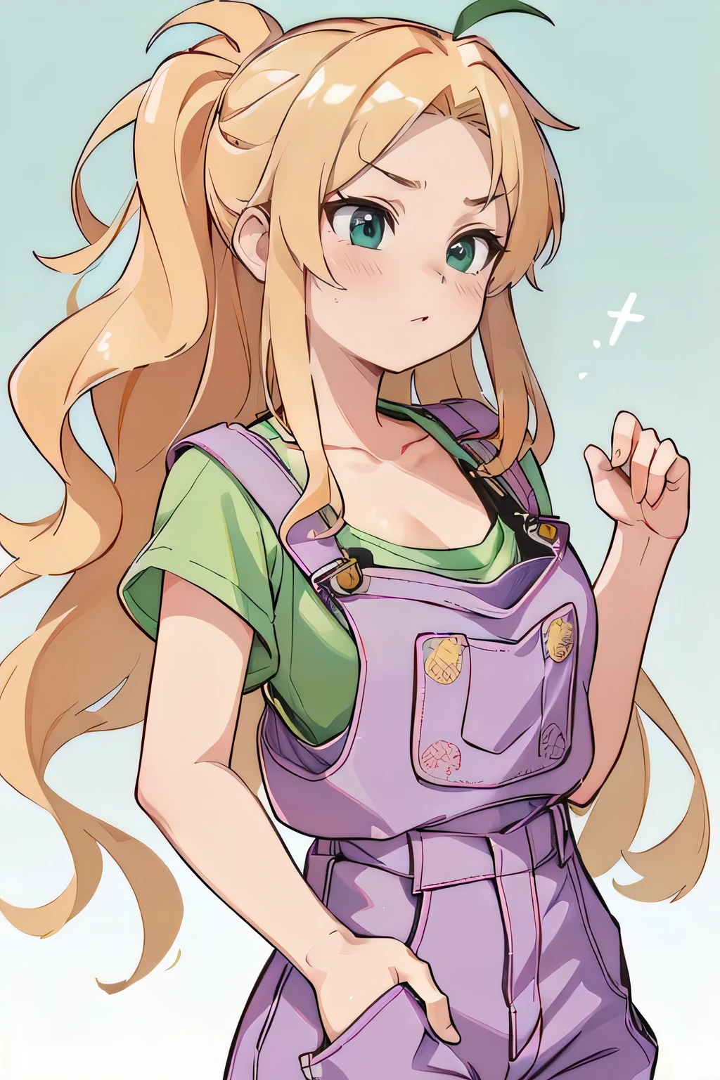 , ((girl) ,(Disheveled Hair), (Blonde Long Hair,Kung Fu Master, Pastel Green,Wearing work overalls, The top half of his work clothes is off., Gorgeous detailed bra), Sensual,)), Showing off agility, [whole body],