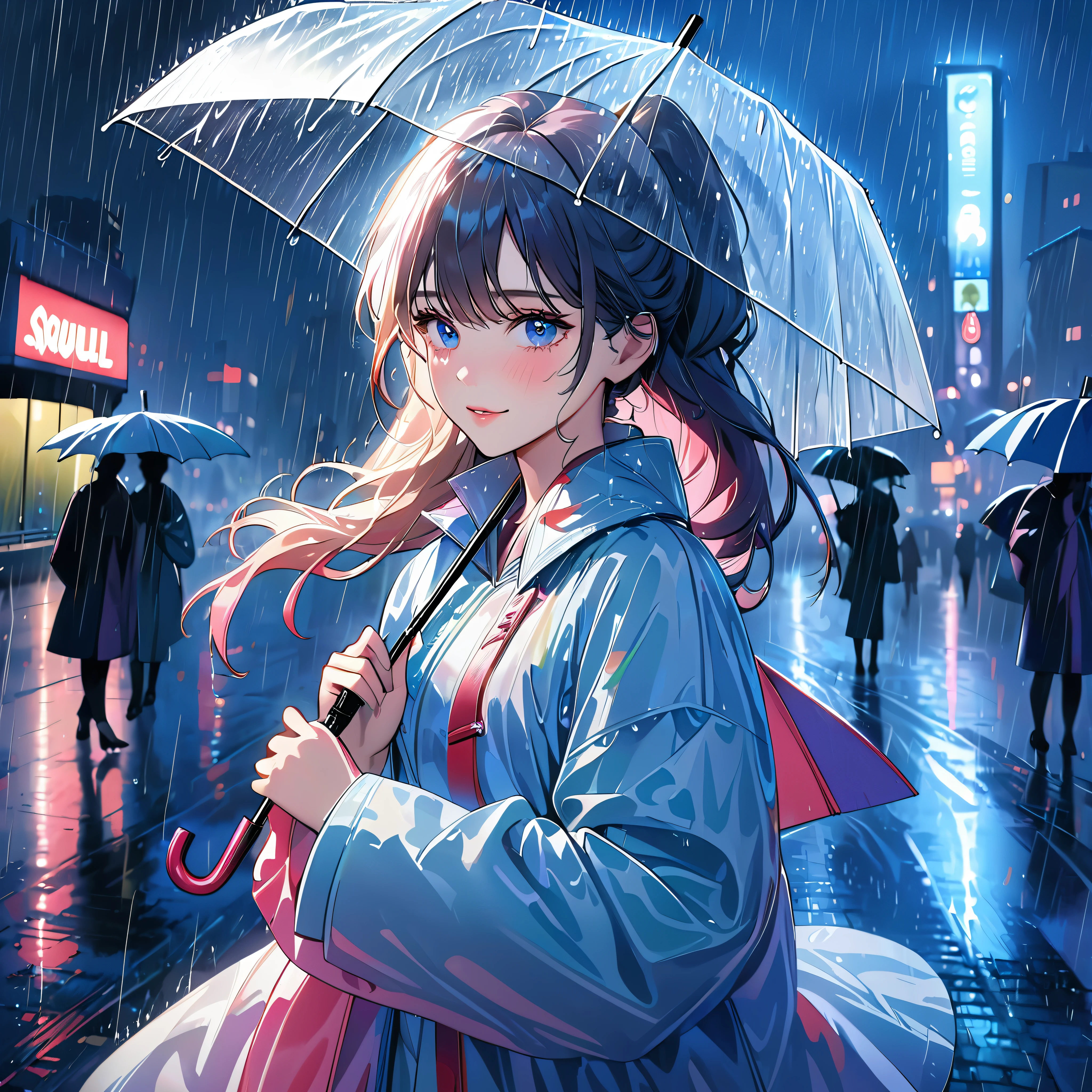 One girl,City of night,rain,coat,Holding an umbrella,rainbow colored raincoat,dance in the rain,best quality, highres, ultra-detailed, realistic:1.37, Close to cold colors,reduce saturation, full-body image, soft lighting, long eyelashes, sparkling eyes, glossy lips, detailed skin, retro pattern, pastel colors, ((smile while crying1.2)), ((shedding tears:2.0),, ((sad look:1.8)),, dreamy atmosphere, elegant pose, nostalgic vibes, glittering highlights, flawless complexion, 80s style fashion, retro hairdo, pink blush, delicate features, diamond-like eyes,((rain squall:2.8)),((intersection))((high rise residential building Dark city silhouette background:2.0))