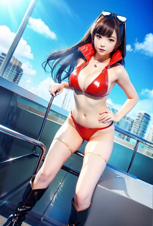 Best Quality, Best Quality, 8K Quality, 1 Girl, Solo, Hitomi, Smile, Embarrassing, Blushing, Mouth Open Slightly, Bright Red Metallic, Sleeveless, High Neck, High Leg Competitive Swimsuit, (((Strongly Tucked into the Crotch))), Knee High Stockings, (((Red Pin Heels)), Squatting on the Ground, Open Legs, Crotch Wide, Open Legs, Poolside, Staring at the Viewer, Facing the front of the viewer, opening the crotch to the viewer, professional lighting, frontal shots