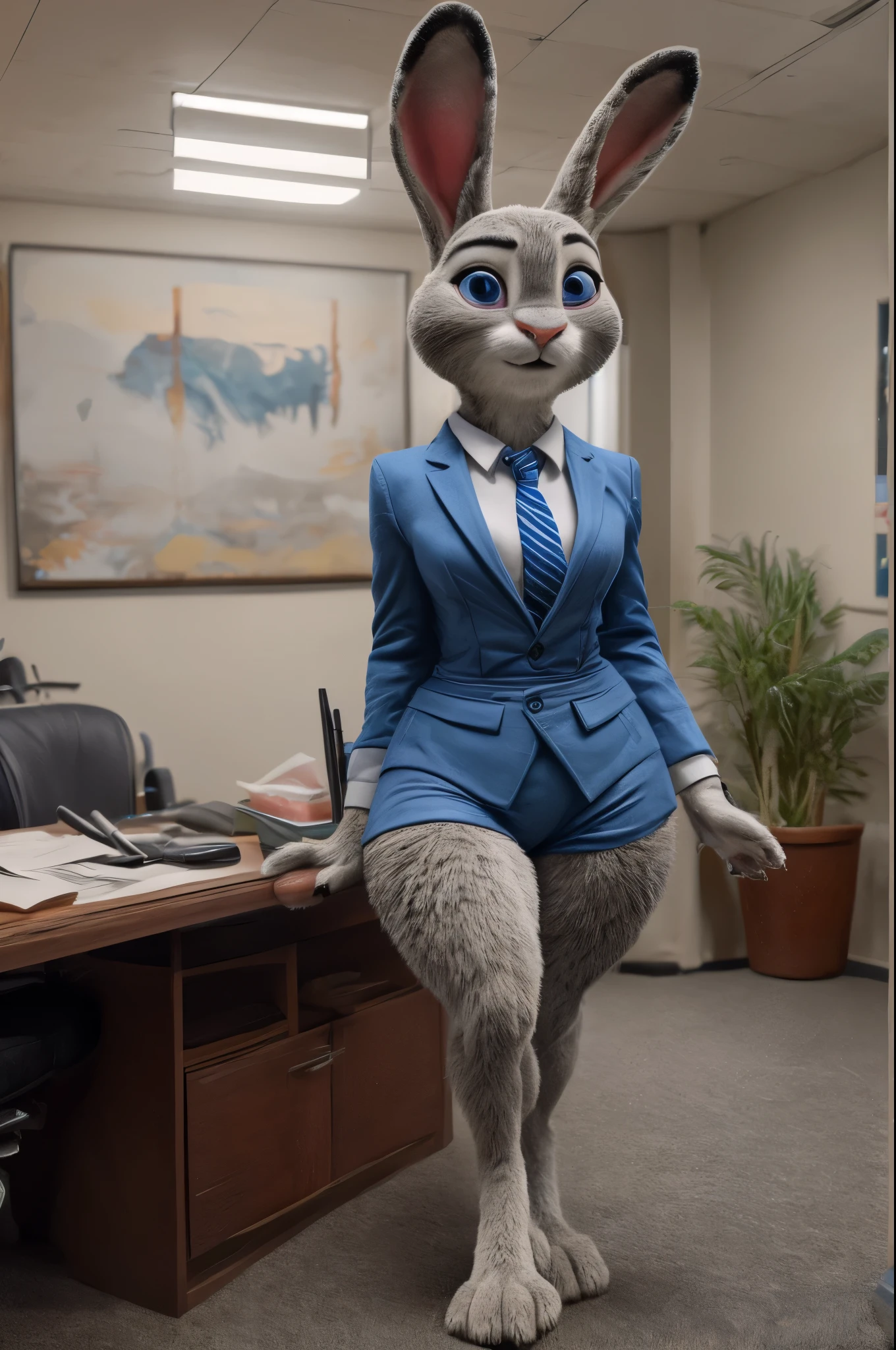 ,real life textures,3d,16k,realistic fur,,thick thighs,bright blue eyes,masterpiece HIFI,thick thigh, fluffy hair,judy hopps,disney,zootopia ,seductive pose,thin hips, thick legs,detailed textures, ultra-high pixel detail, intricate, realistic, movie scene, cinematic, high-quality, full real life colors, incredibly detailed, 16k, hyper-realistic, RAW photo, masterpiece, ultra-detailed, professionally color graded, professional photography,thick thighs,thick paws,thin waist,Thick Paws,tail rabbit,,thin hips, thick thighs, thick paws,real life grapichs,on office,texture real life,bright realistic Eyes,office suit,romper,tight diaper