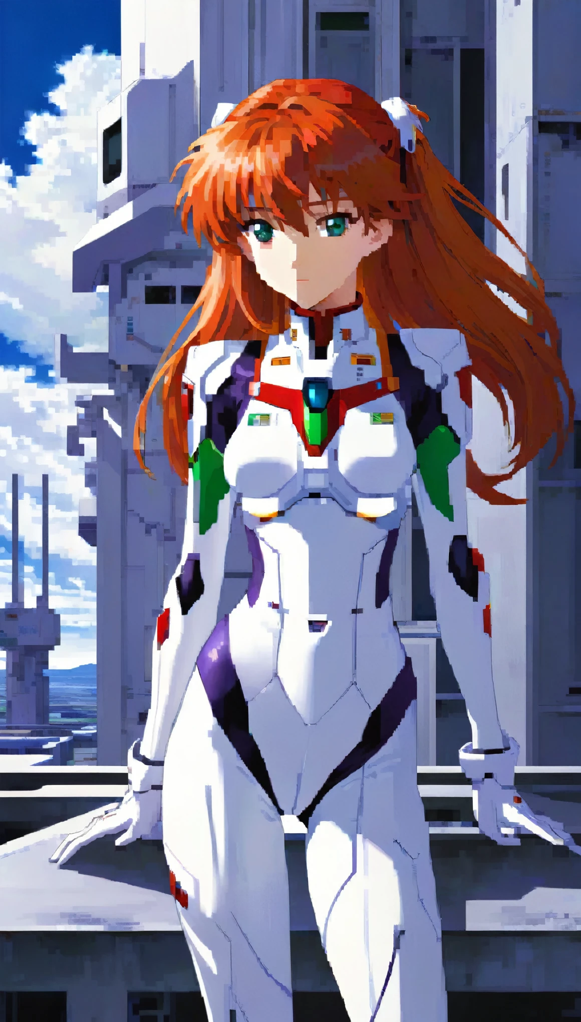 Neon Genesis Evangelion anime characters、Asuka Langley、Dressed in a pure white armor suit、She poses gracefully in front of the camera in high definition footage.。Evangelion Unit 0、An impressive megastructure、It provides a breathtaking backdrop。Asuka raised her hand with determination.、The suit&#39;s advanced contours and the sheen of the latex sparkle in the spotlight.、Surreal and thrilling scenes unfold。