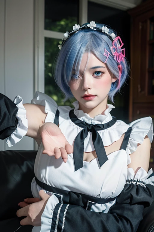 R_E_M, 1girl,(beautiful face:1.25) short blue hair, blue eyes, hair over one eye, hair ornament, pink hair ribbon, rem's maid uniform, detached sleeves, (realistic:1.7),((best quality)),absurdres,(ultra high res),(photorealistic:1.6),photorealistic,octane render,(hyperrealistic:1.2), (photorealistic face:1.2), (8k), (4k), (Masterpiece),(realistic skin texture), (illustration, cinematic lighting,wallpaper),( beautiful eyes:1.2),((((perfect face)))),(cute),(standing),((looking at viewer)),(dynamic pose:1.3), upper body, standing,indoors, living room, sofa, tables, window