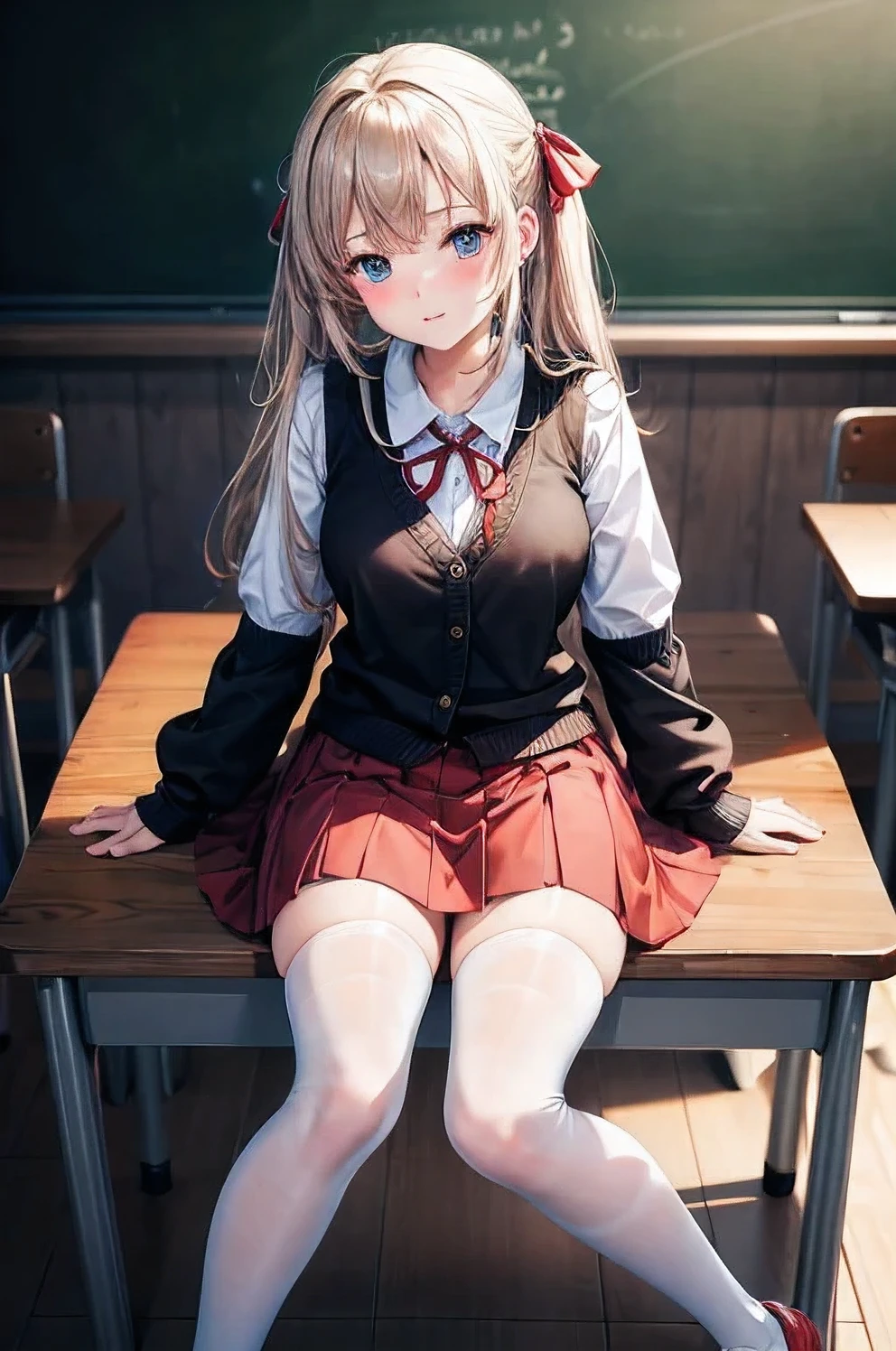 Top quality masterpiece, Anchorage V4, One girl, alone, View your viewers, skirt, shirt, Knee socks, ribbon, Sitting, , hair ribbon, white shirt, tie, shoes, white Knee socks, Official Alternative Costumes, Sleeves are longer than the wrist, red skirt, cardigan, machine, classroom, blackboard, uwabaki, on machine,Sexy age girl, bronze hair