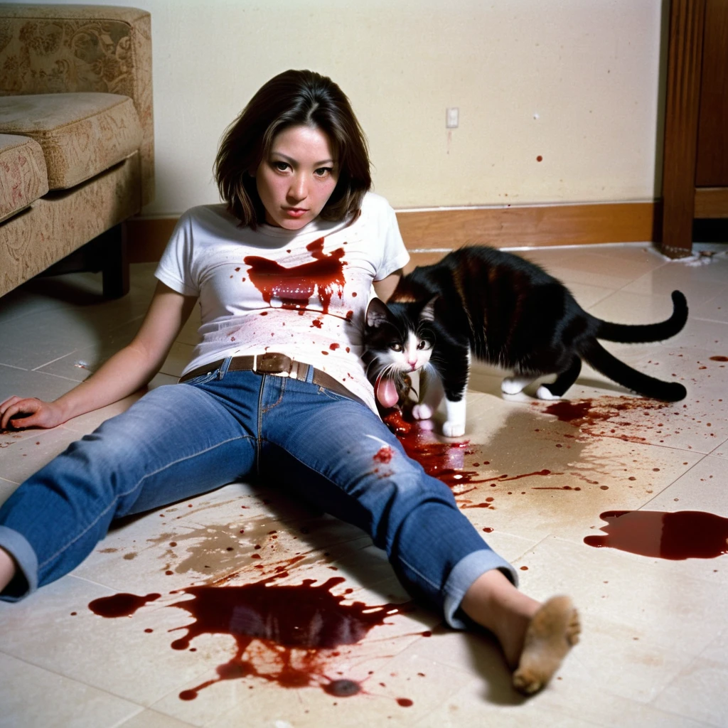 amateur photograph of a dead woman, lying on living room floor, 28 years old, plain t-shirt, jeans, (((two cats eating her))), (((3-year-old girl playing nearby))), eviscerated, disemboweled, poop on her , blood, blood splatters, rigor mortis, crime scene photo