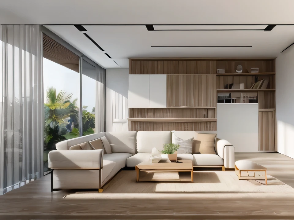 RAW photo, Masterpiece, high quality, best quality, authentic, super detailed,(( MDF furniture )), minimalist architecture, minimalist living room, couch, table, carpet, tv shelf, sofa, window, curtains,((laminated plaster,) ), sunset light)), archdaily architecture, (high detail: 1.2), 8k uhd, dslr, soft light, high quality, film grain, Fujifilm XT3